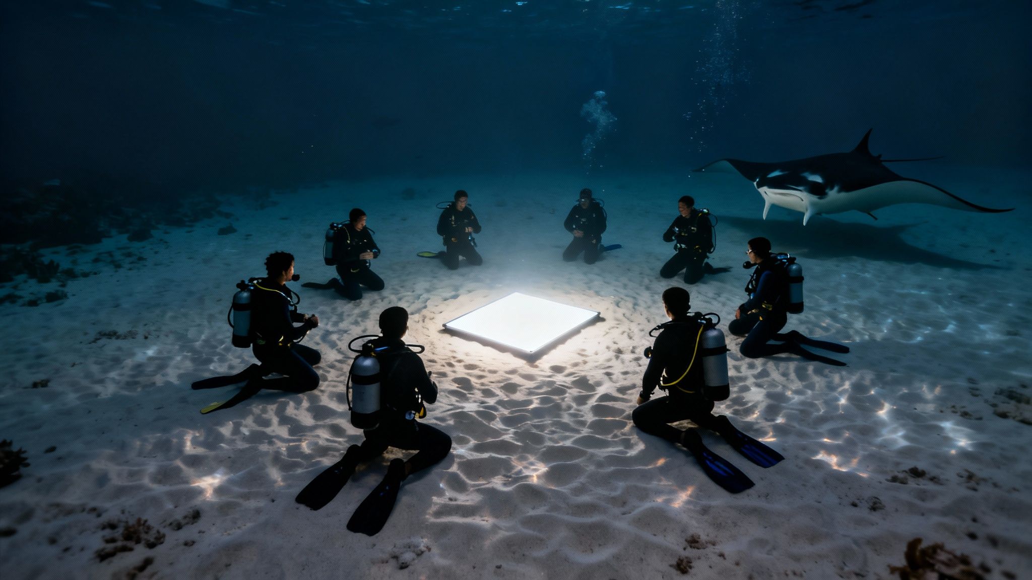 A spacious dive boat, the 'Honu One', with divers preparing their gear for a manta ray night dive in Kailua Kona.