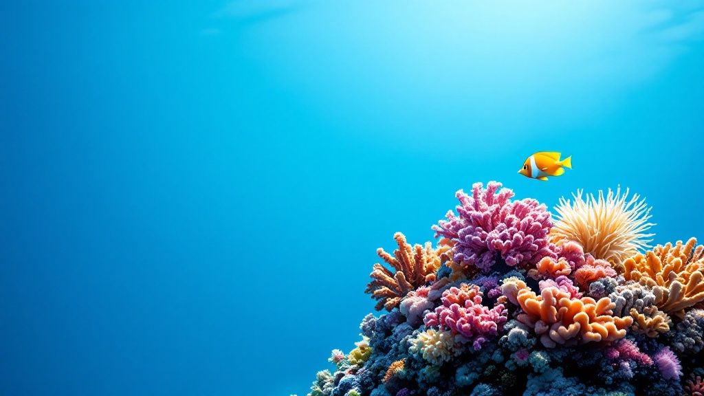 A manta ray swims gracefully in the dark water, illuminated by divers' lights.