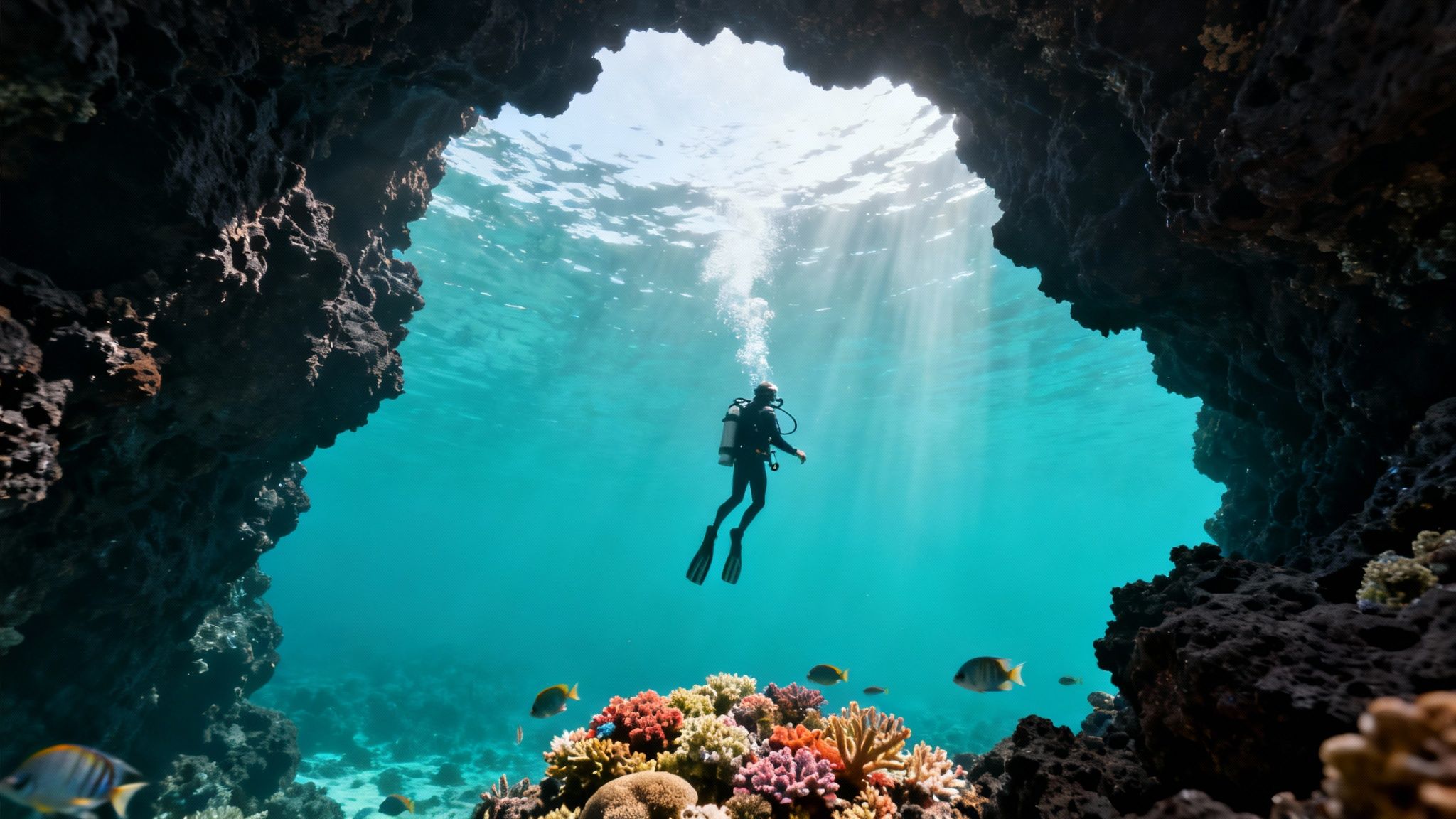 A scuba diver explores a vibrant coral reef inside an underwater cave with sun rays.
