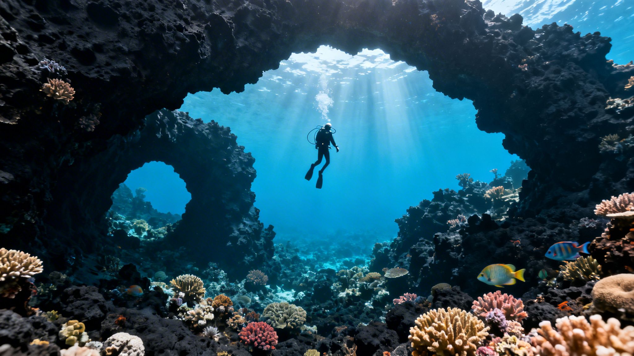 A scuba diver swims through an underwater cave with sun rays, vibrant coral reefs, and fish.