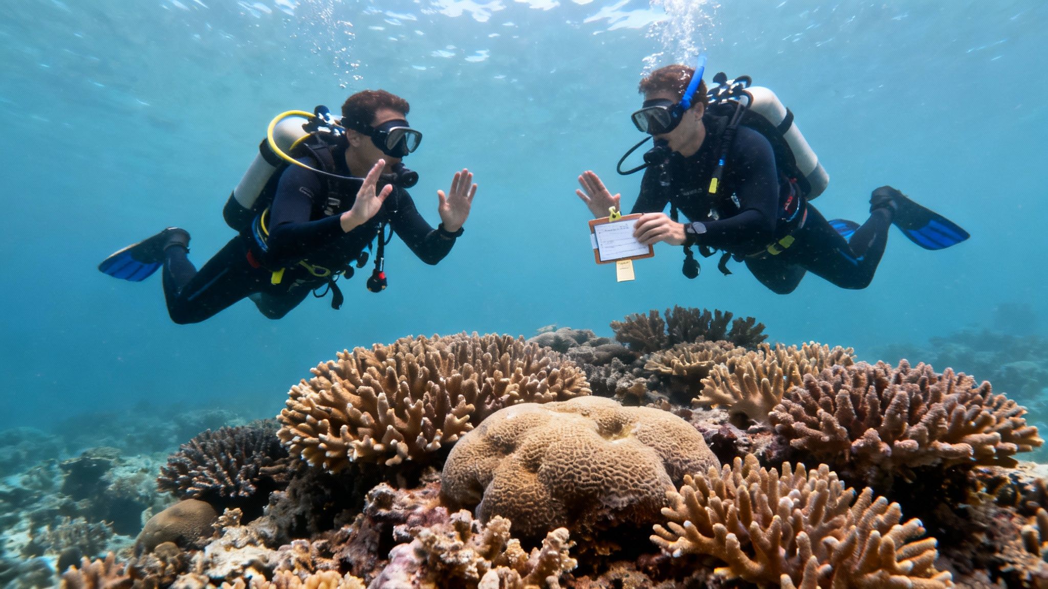 Divers practicing safe buoyancy control