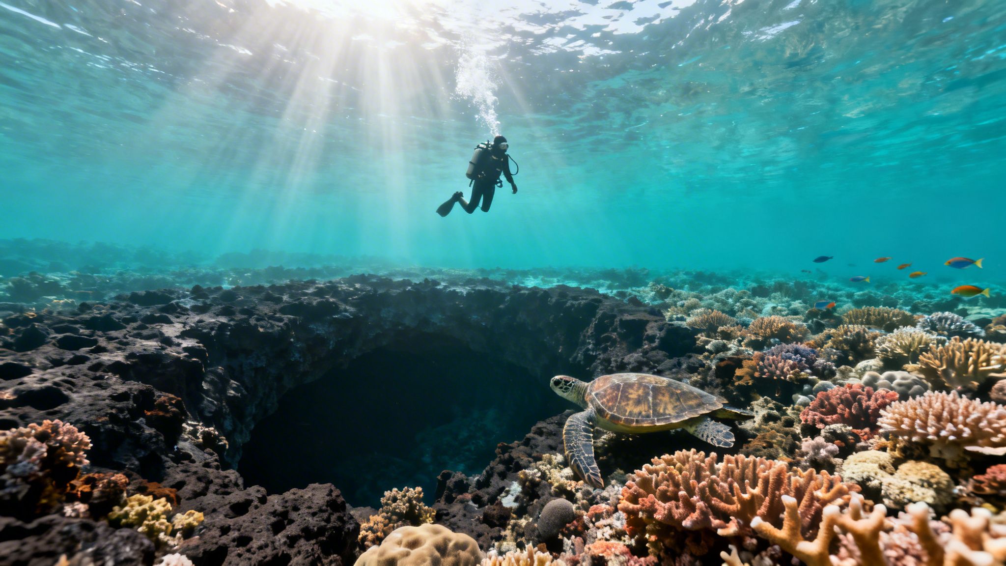 A scuba diver and a sea turtle explore a vibrant coral reef under sunlit ocean waters.
