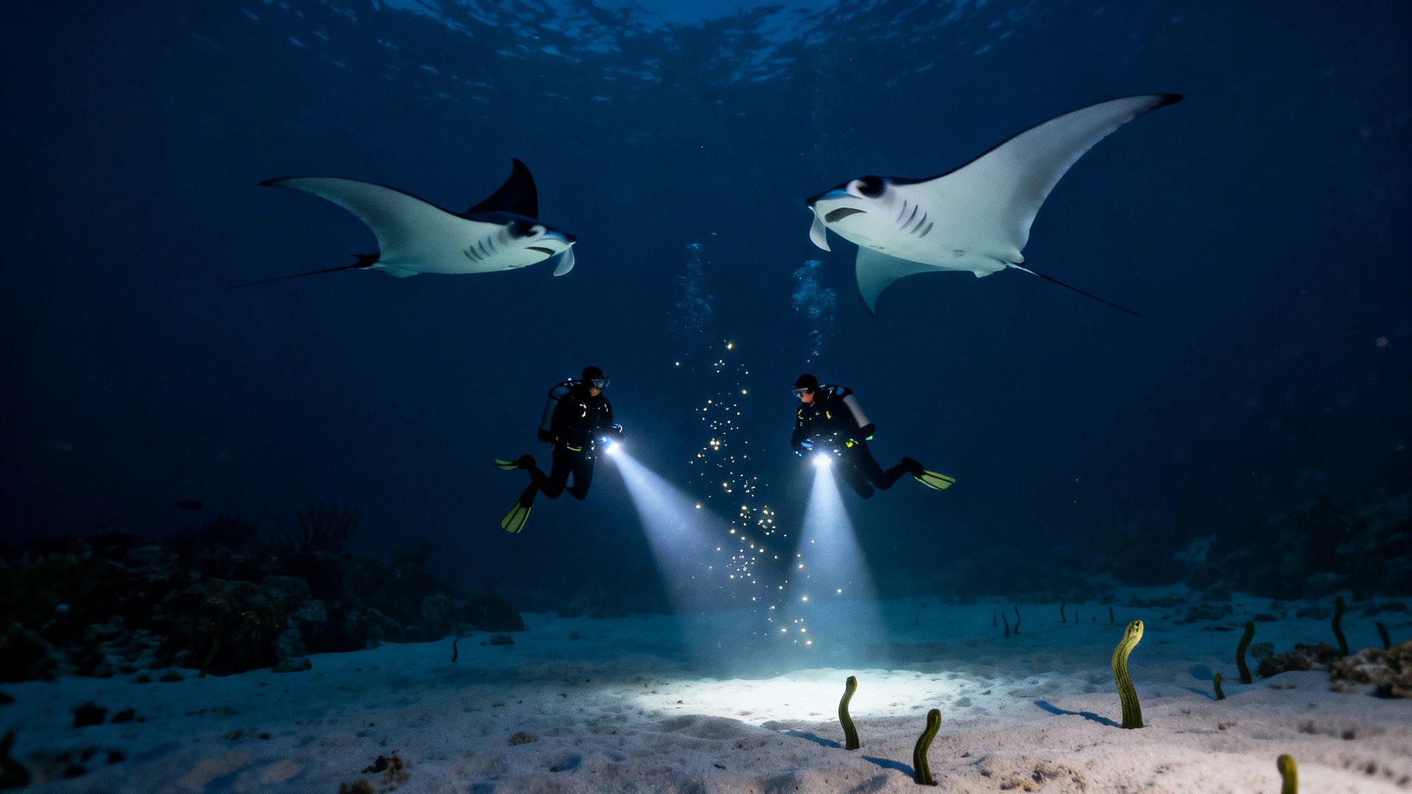 Two scuba divers illuminate the dark ocean floor with two manta rays swimming above them.