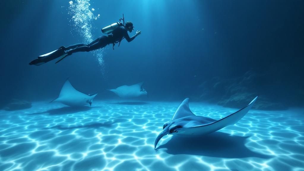 Underwater photographer captures an image of a manta ray at night
