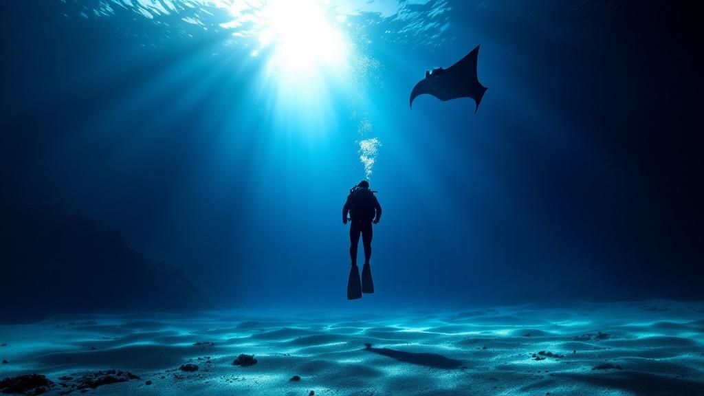 Two large manta rays swimming in the dark ocean, illuminated by dive lights.