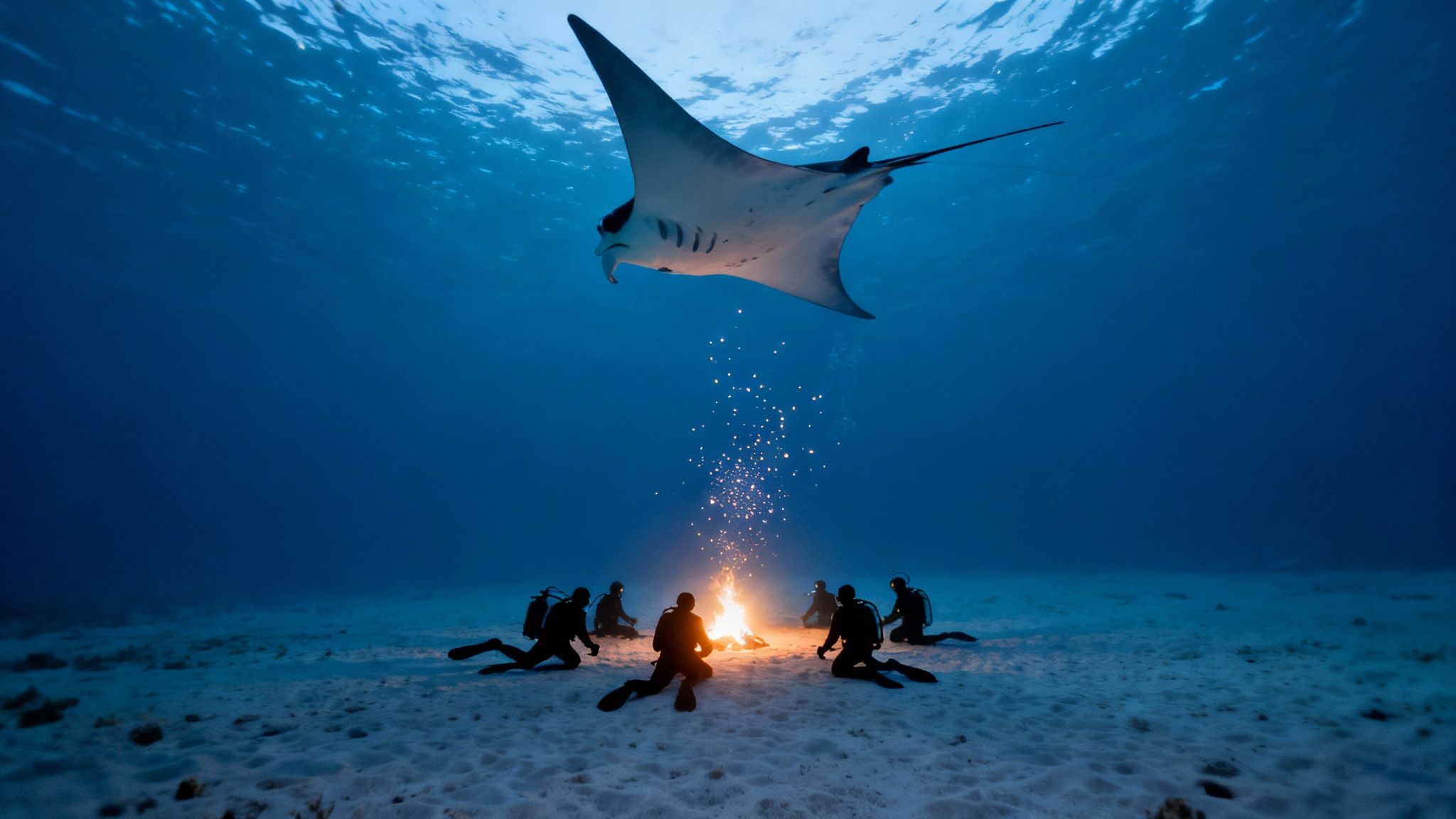 Scuba divers gather around a glowing underwater 'campfire' as a majestic manta ray swims overhead at night.
