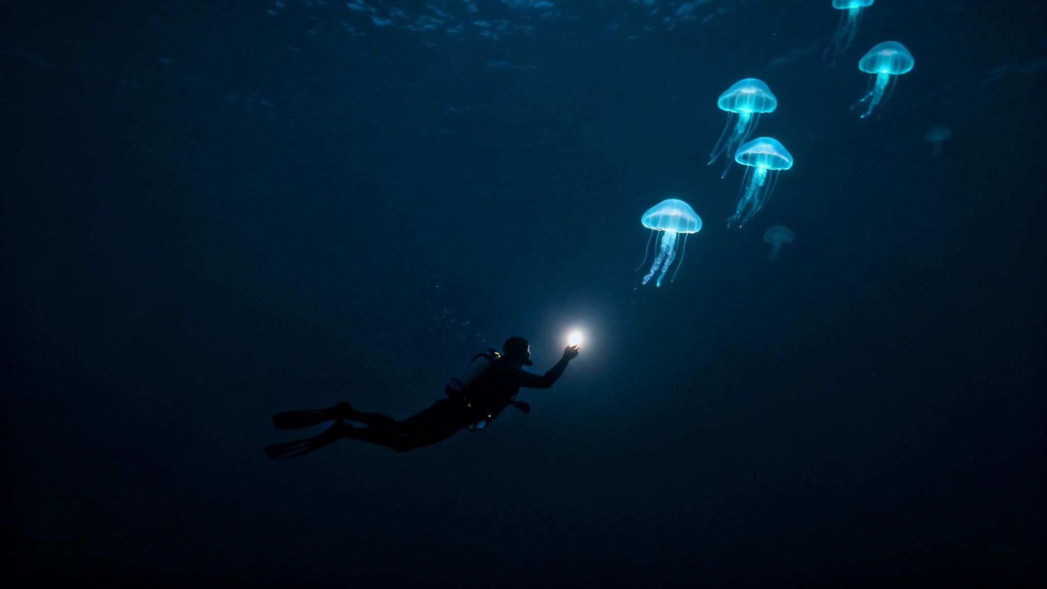 A diver with a bright torch swims towards a group of glowing blue jellyfish in the dark ocean.