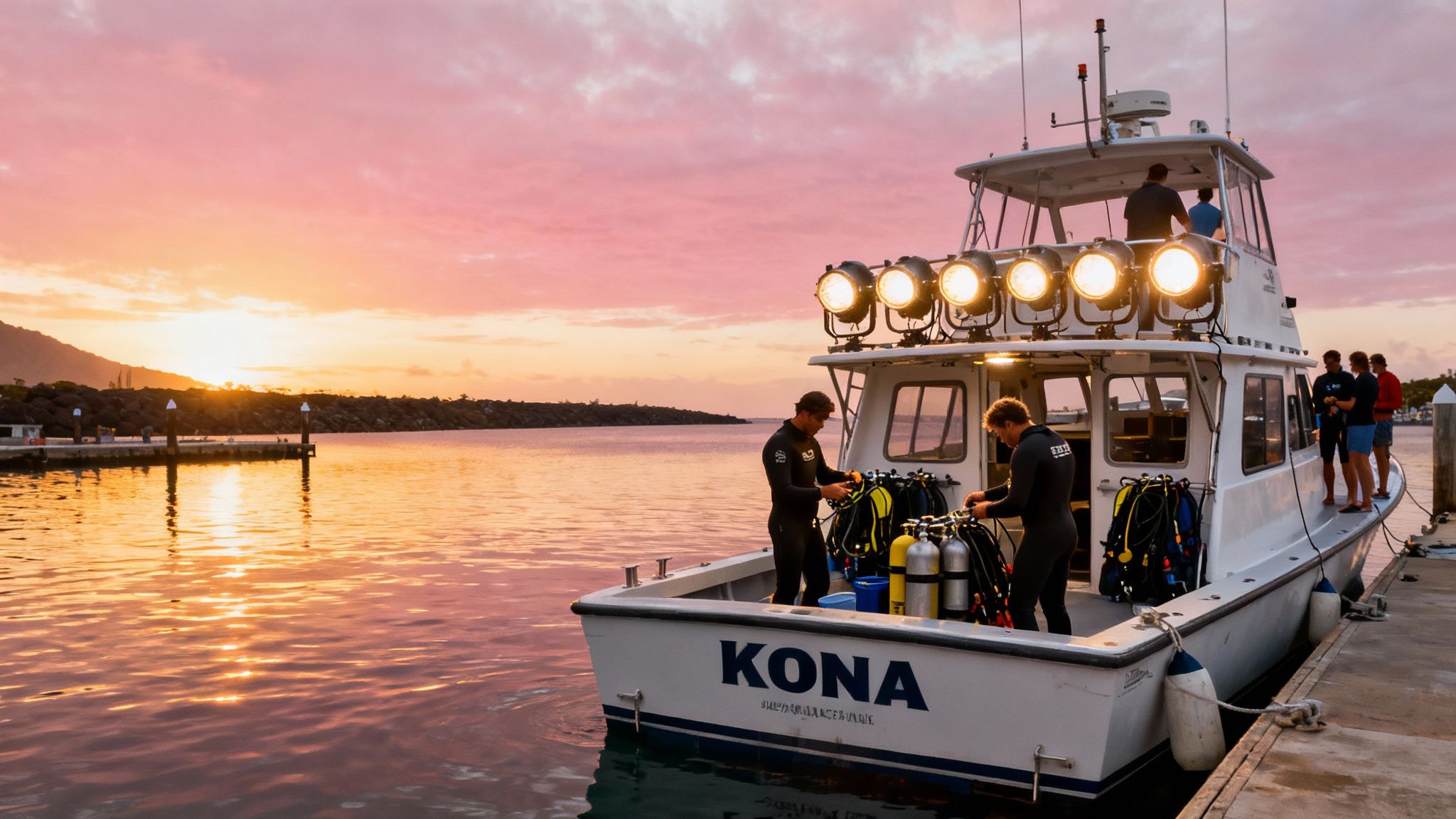 Divers prepare scuba gear on a boat named KONA at sunset, docked by a pier.