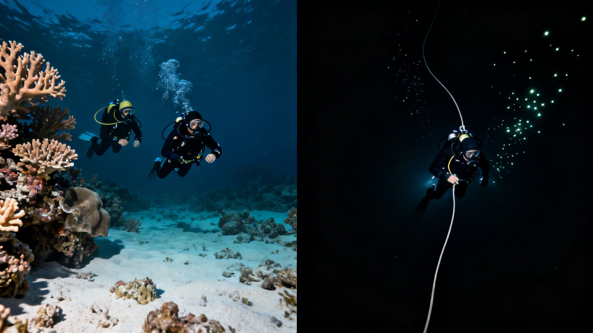 Two scuba divers explore a vibrant coral reef, while another diver descends into dark water with glowing bioluminescence.