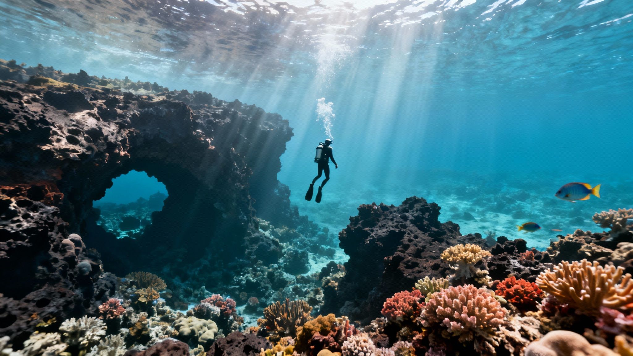 A scuba diver explores a vibrant coral reef with an arch and sunbeams underwater.