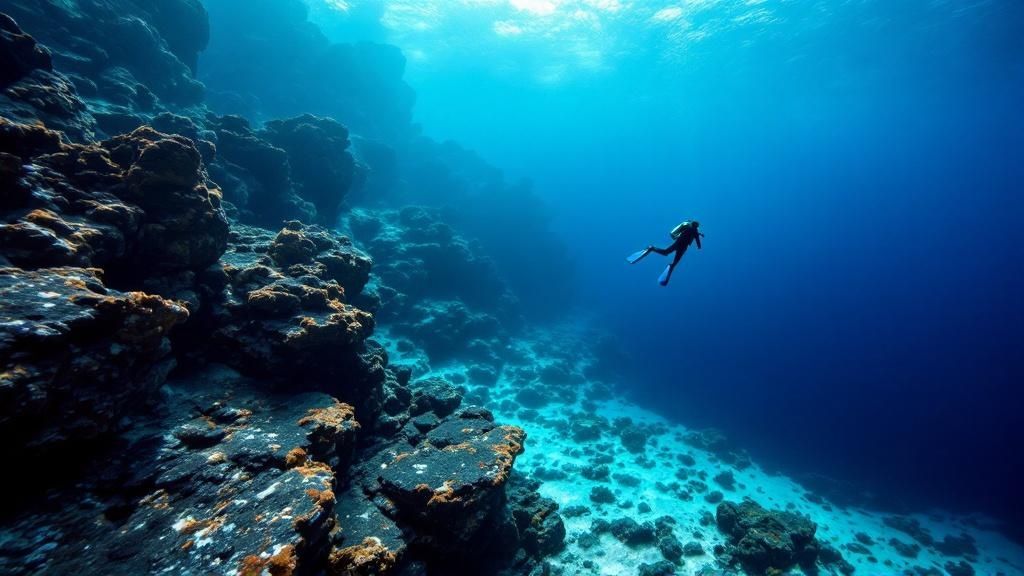 A scuba diver observing a large sea turtle swimming over a coral reef in Hawaii.