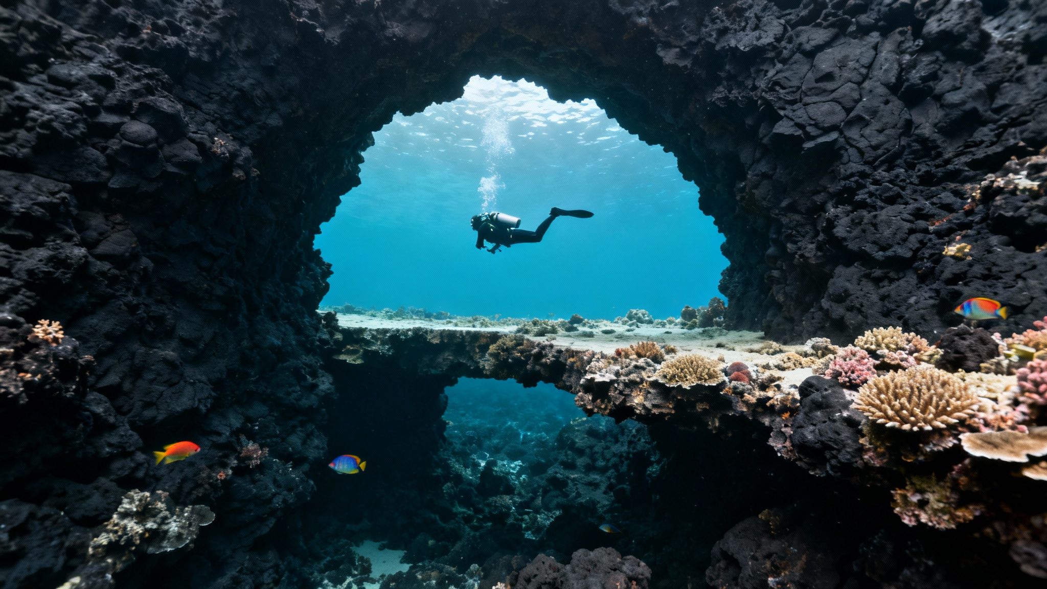 A scuba diver swims through an underwater lava arch over a vibrant coral reef on the Big Island.