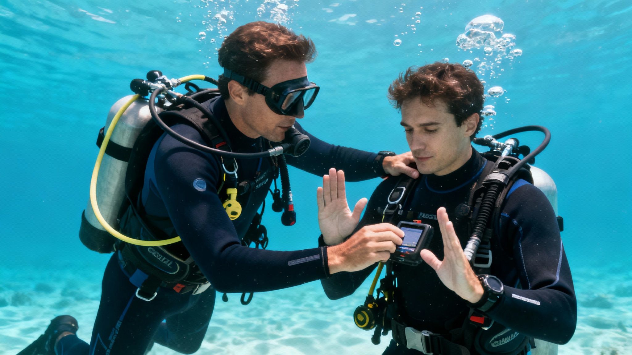 Two divers underwater, an instructor teaches a student how to use a dive computer.