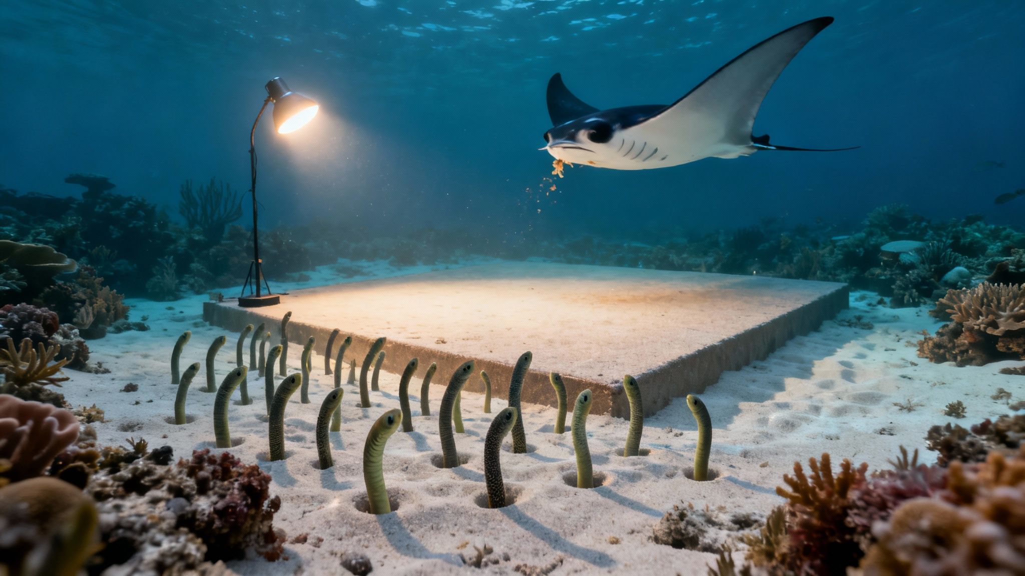 An underwater scene with a desk lamp lighting a platform surrounded by garden eels, and a manta ray feeding.