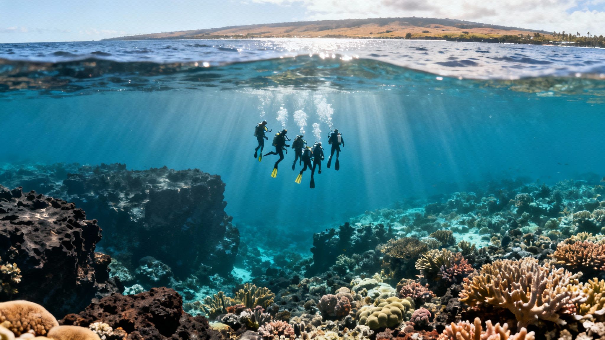 Split-level view of scuba divers exploring a vibrant coral reef, with ocean surface and island above.