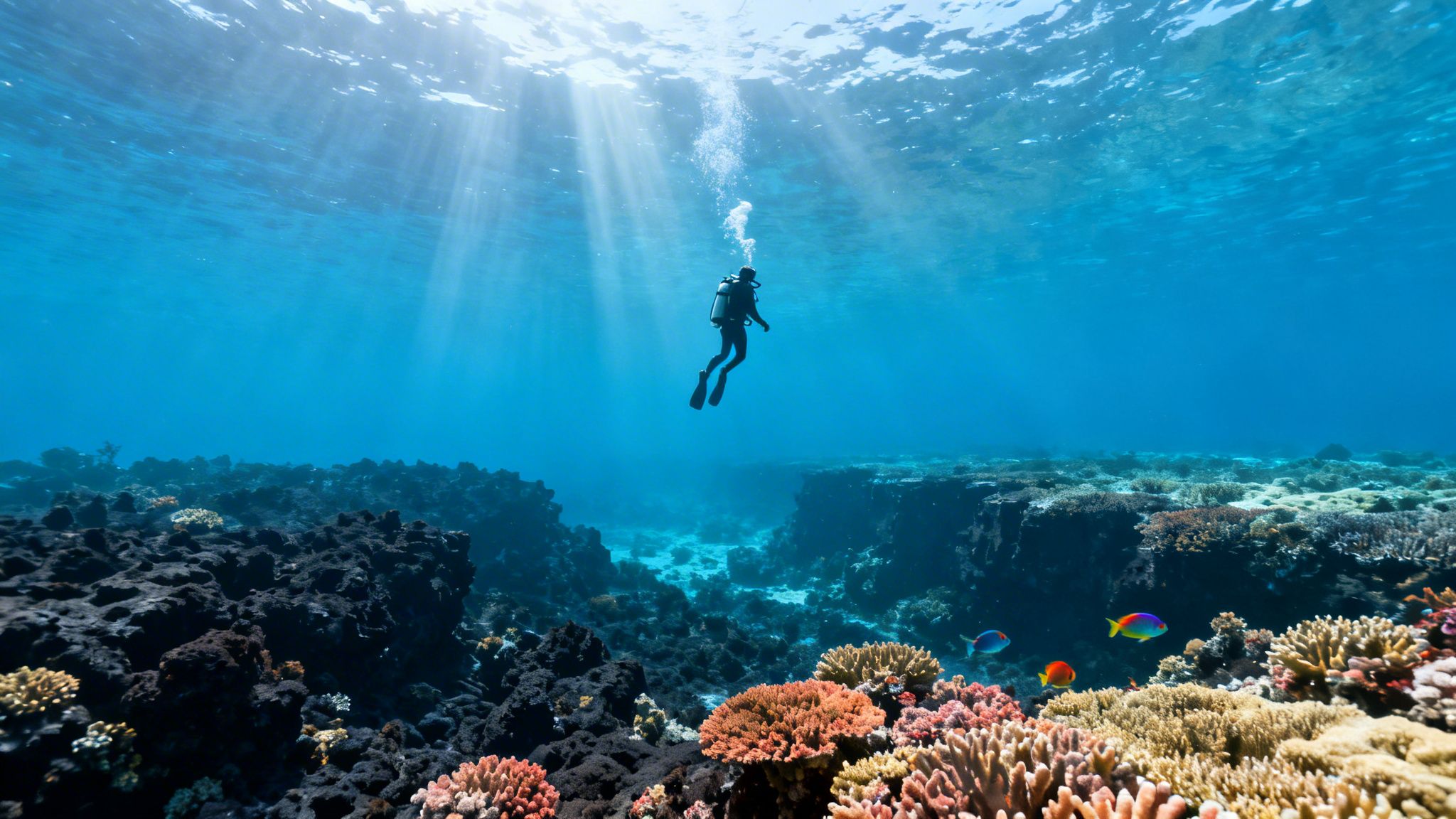 A lone scuba diver swims above a beautiful coral reef and trench, light streaming from the surface.