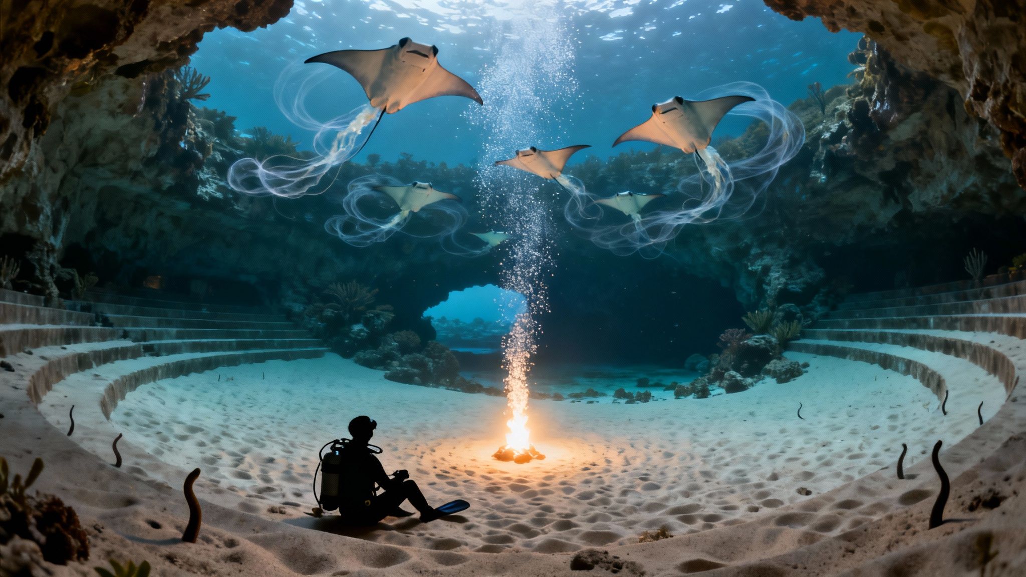 A diver observes an underwater campfire and majestic manta rays in a sandy cave.