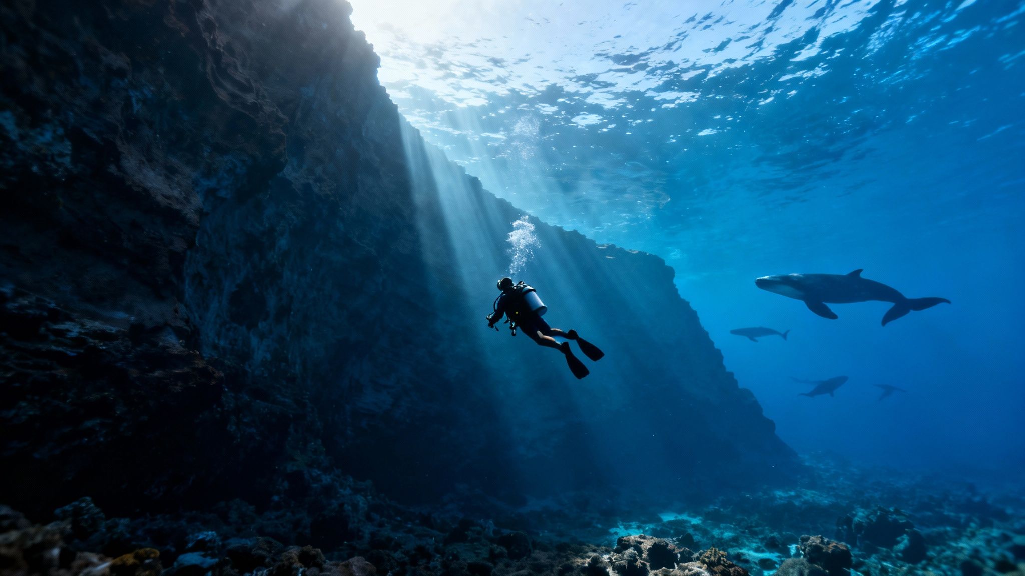 Divers exploring the dramatic back wall of Molokini Crater in Maui, with deep blue water below.