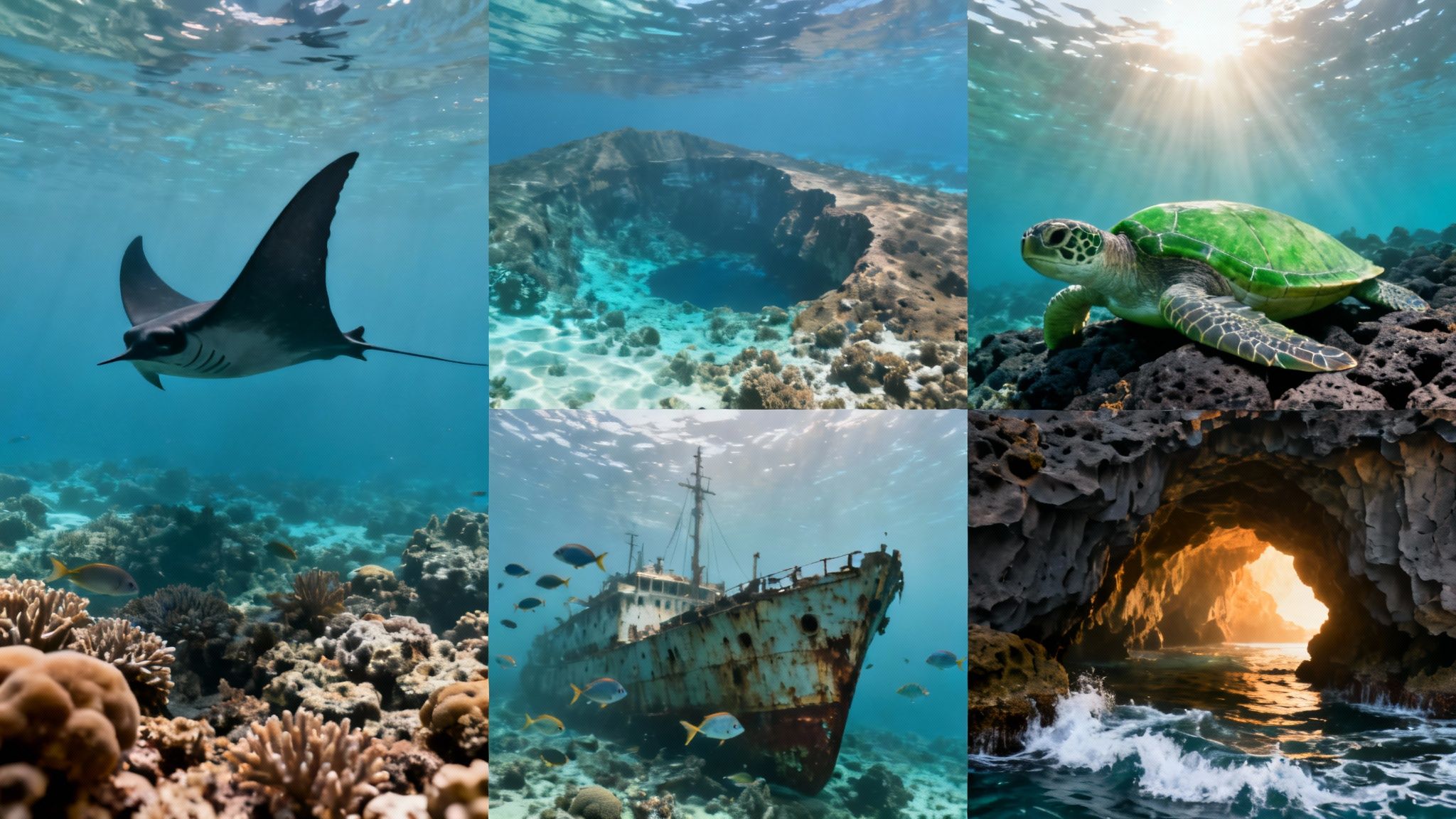 A vibrant collage showcasing various underwater scenes including marine life, a shipwreck, and a sea cave.