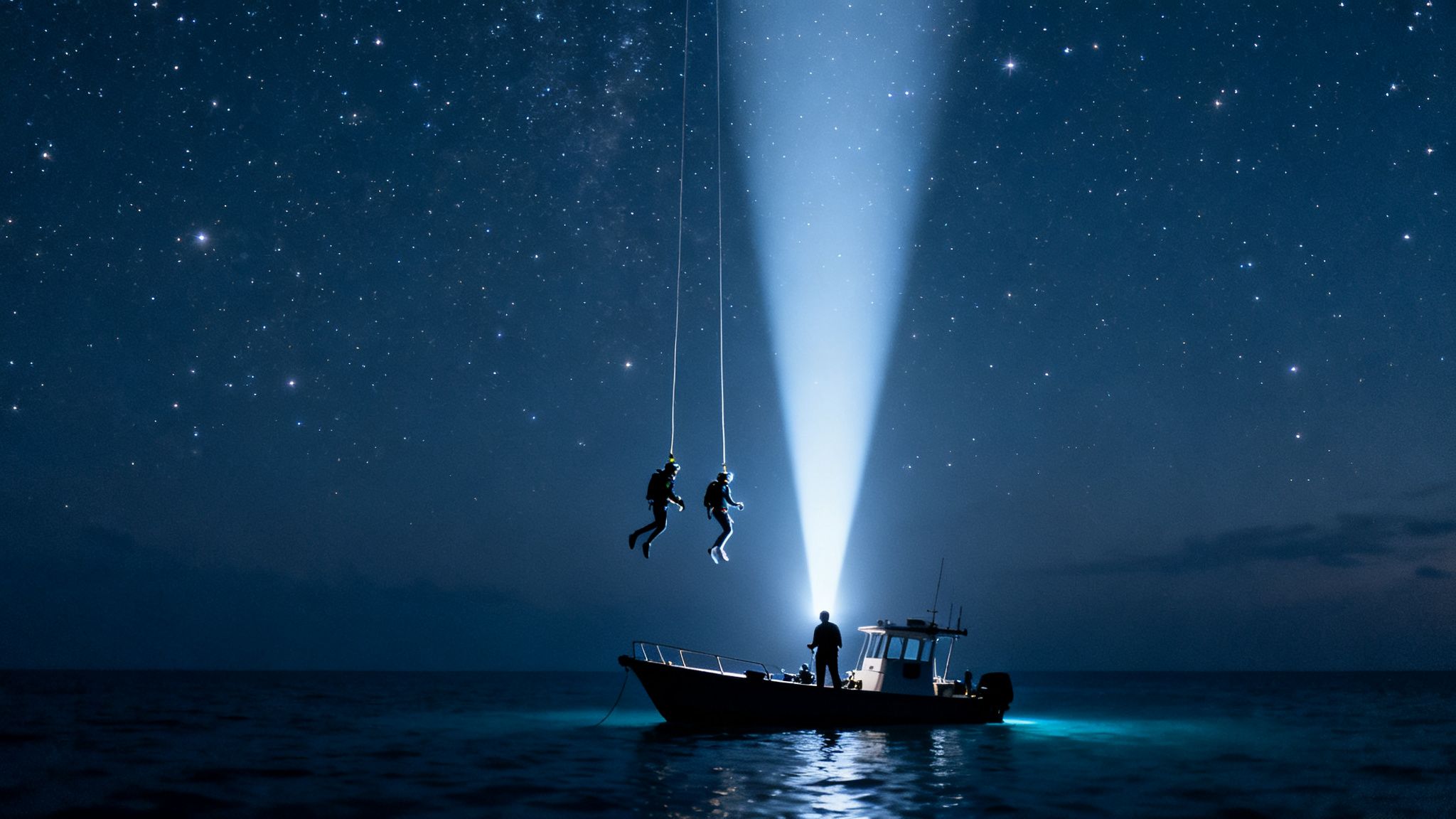 Two scuba divers descend from above towards a boat on a dark, star-filled ocean.