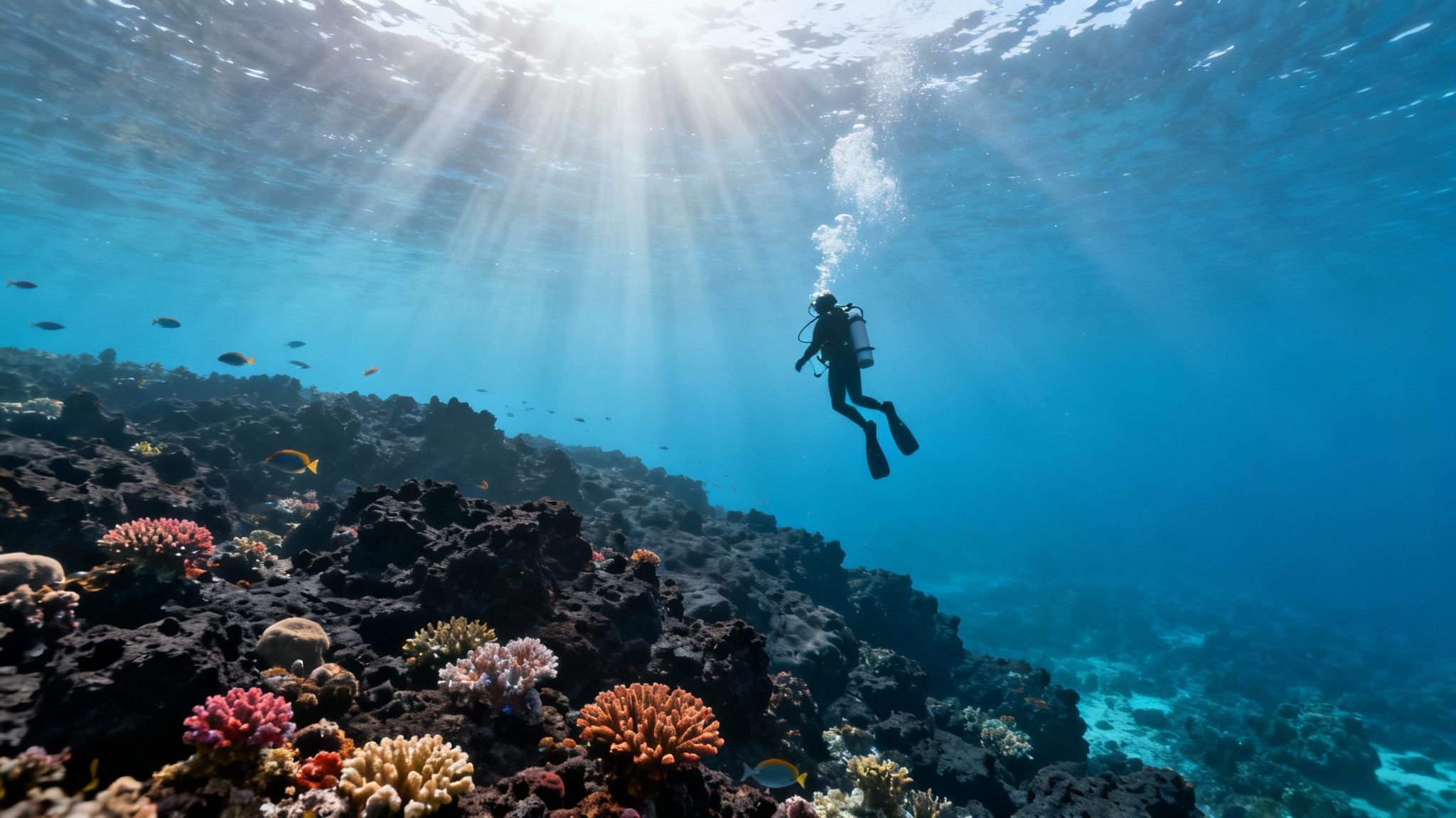 A scuba diver explores a vibrant coral reef illuminated by sunbeams in clear blue water.