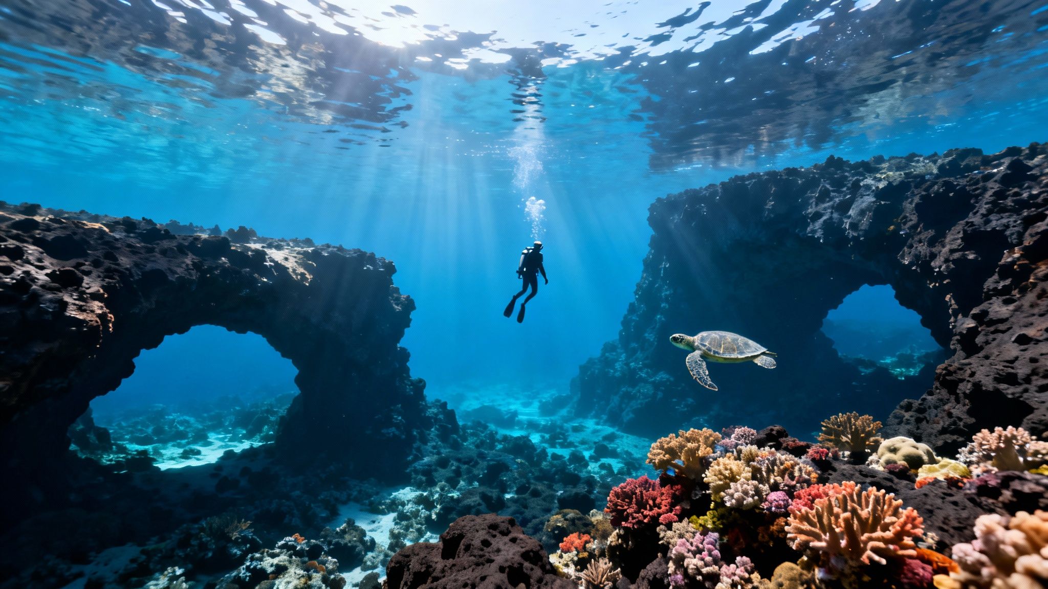 Underwater scene with a scuba diver, sea turtle, and vibrant coral reefs under sunbeams.