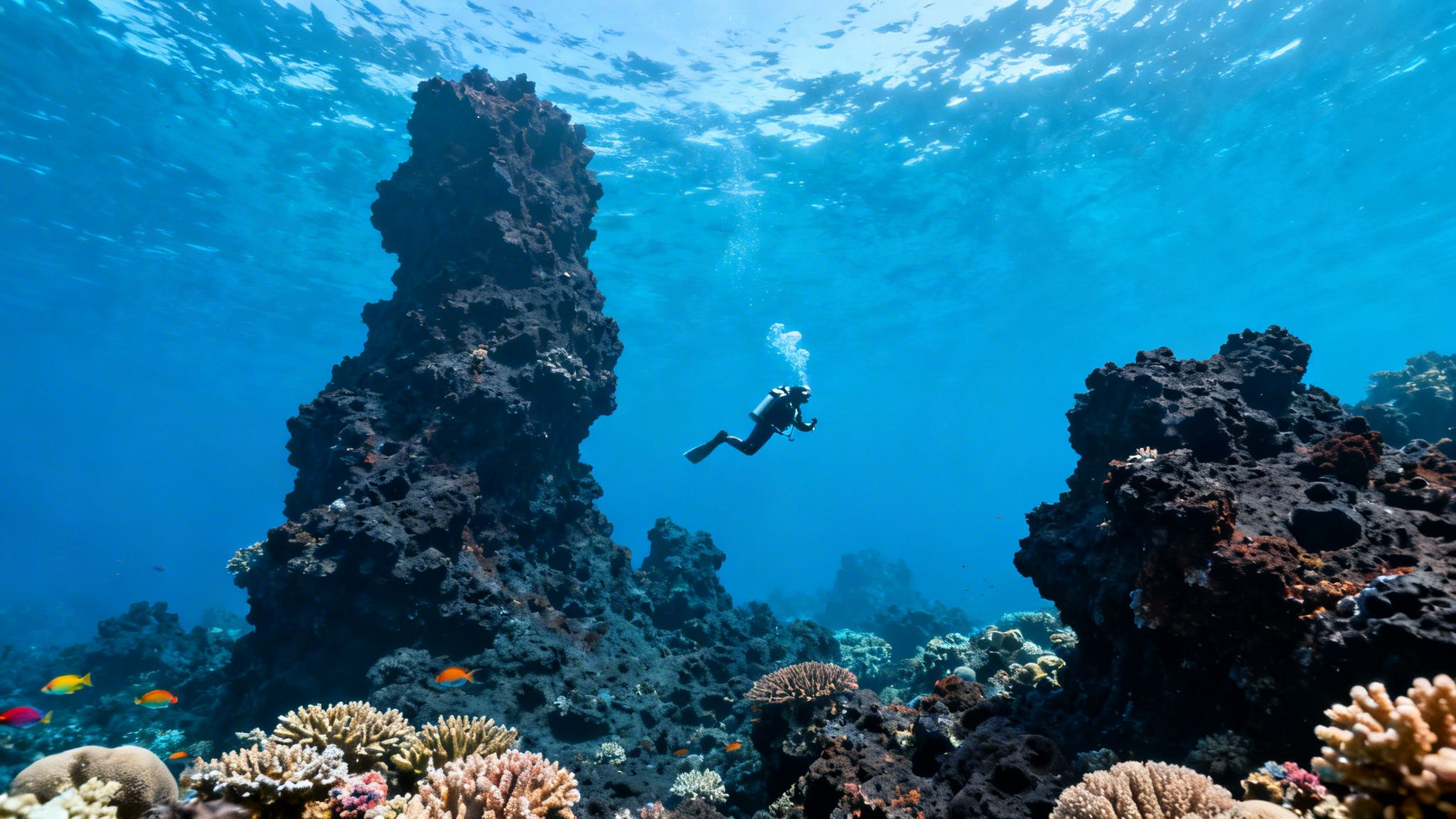 Underwater view of a scuba diver swimming near tall dark rock formations and colorful coral reefs.