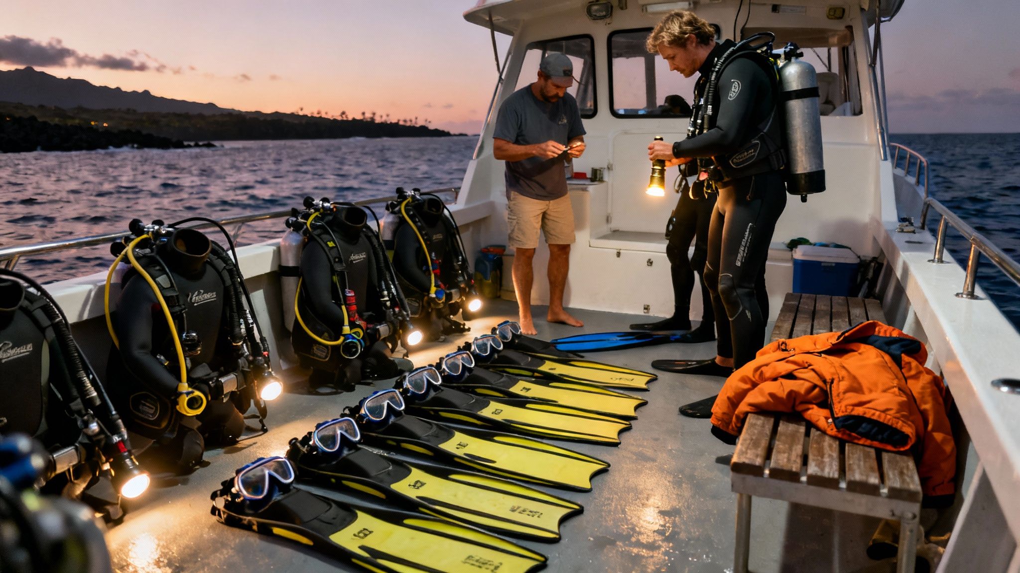 Divers preparing for a night dive on a boat with scuba gear and bright flashlights at dusk.
