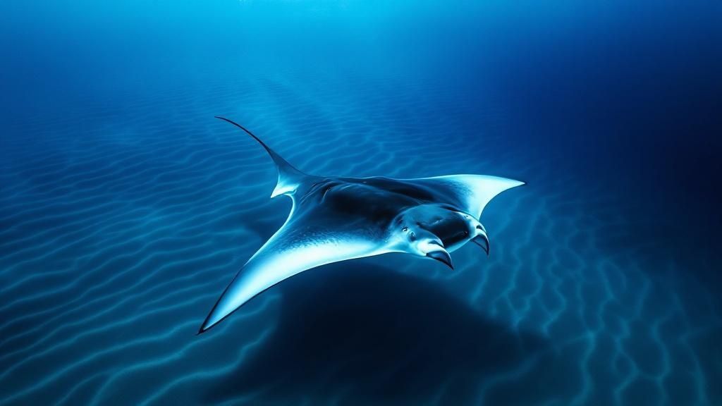 A large manta ray with its mouth open swims directly toward the camera, illuminated by dive lights in the dark water