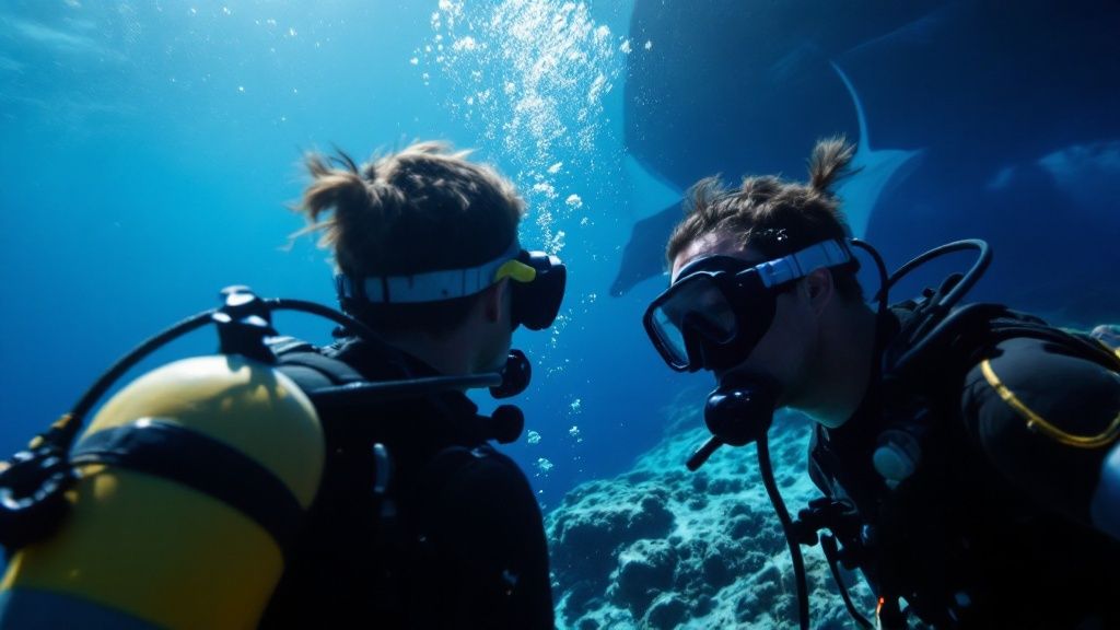 A vibrant coral reef with a large manta ray gliding gracefully through the blue water.