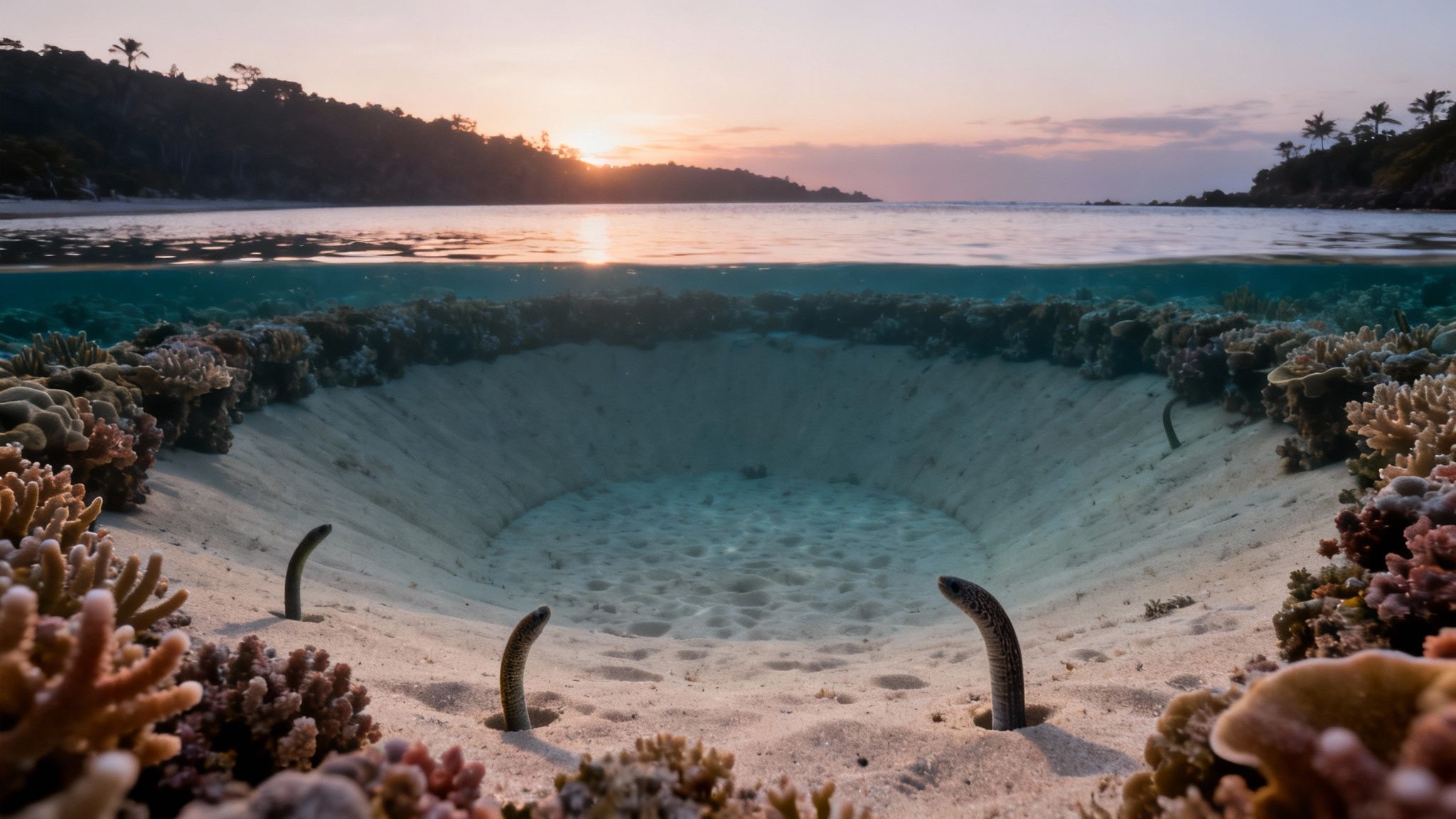Split-view image of garden eels emerging from sandy crater among coral, with a tropical sunset.