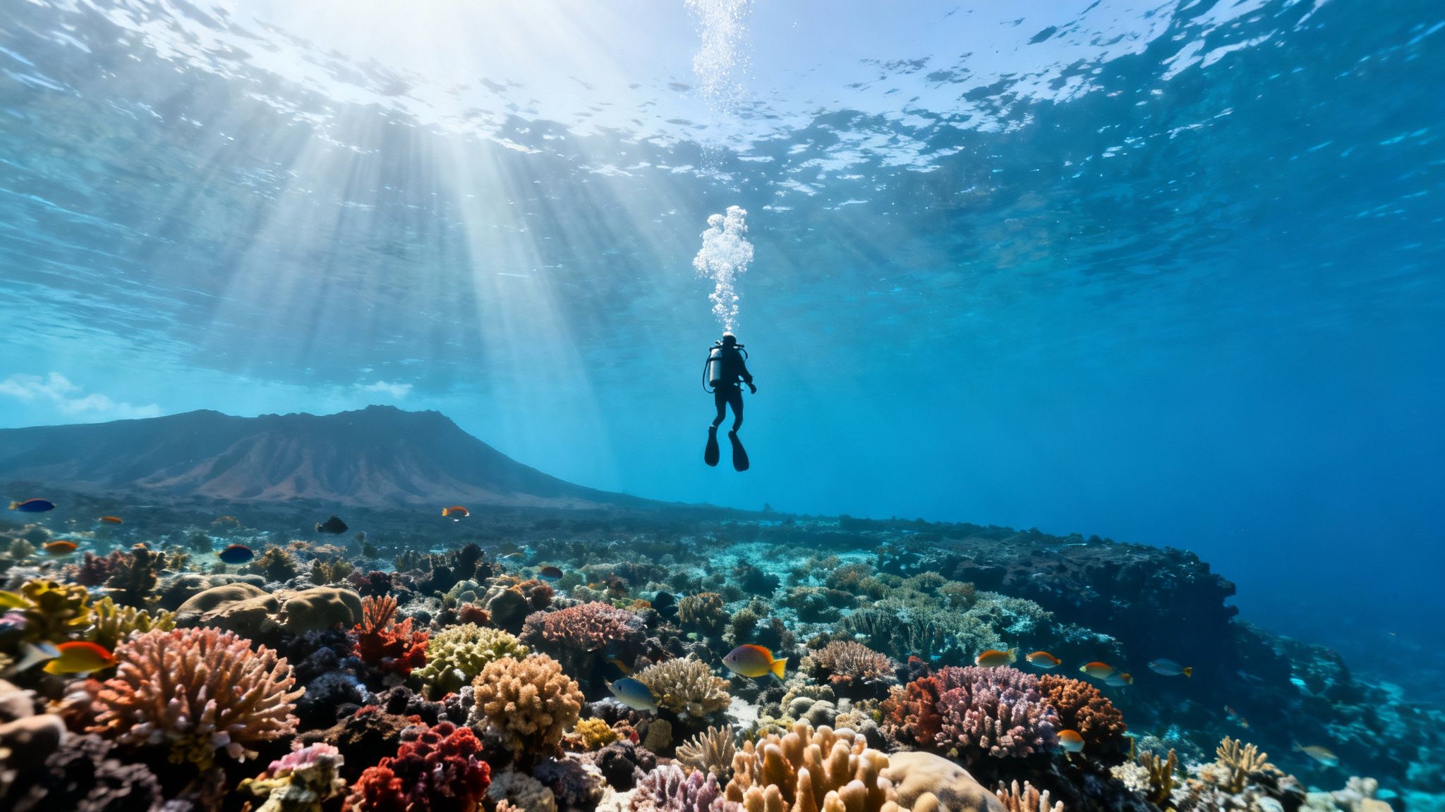 Underwater view of a scuba diver exploring a colorful coral reef with sun rays and a distant island.