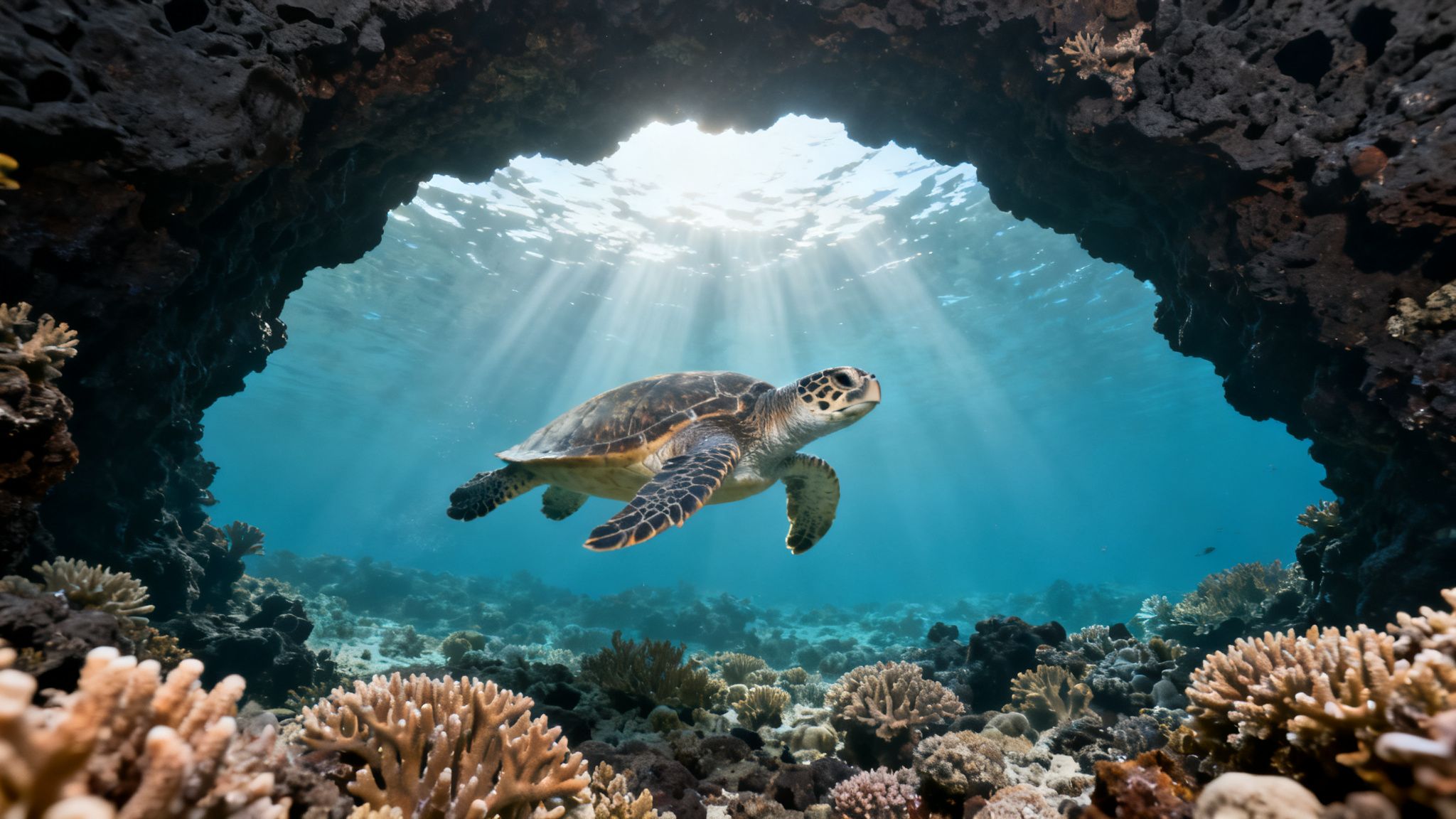 A vibrant green sea turtle swims gracefully through an underwater cave, illuminated by sunbeams over a coral reef.