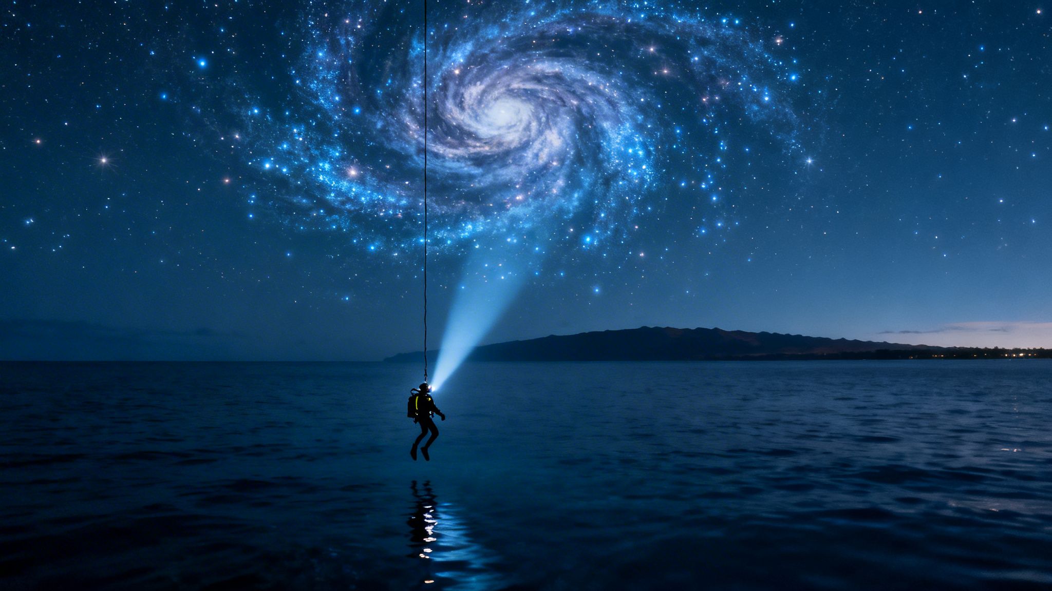 Silhouetted diver suspended above dark water, shining a bright light towards a swirling blue galaxy.