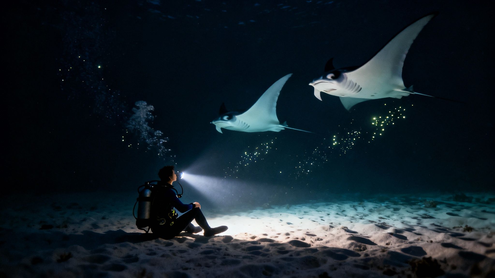 A group of majestic manta rays swimming gracefully at night, illuminated by dive lights.