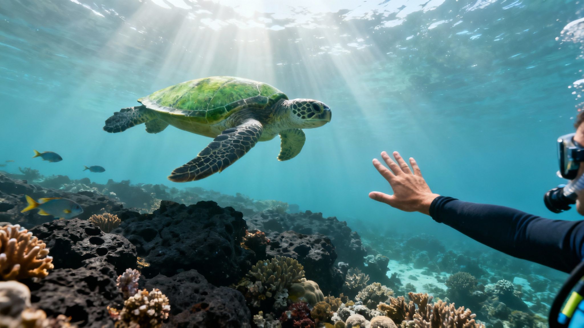 Snorkeler reaching toward green sea turtle swimming over vibrant coral reef in Kona Hawaii