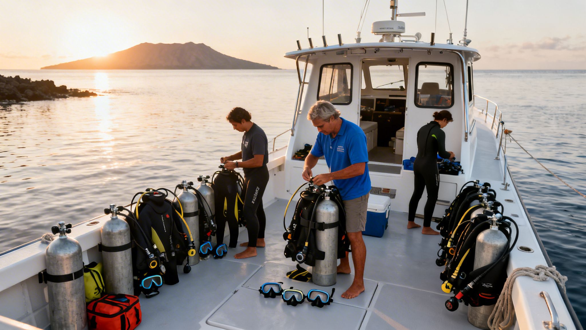 Divers prepare scuba gear on a boat at sunset, with a scenic island in the distance.