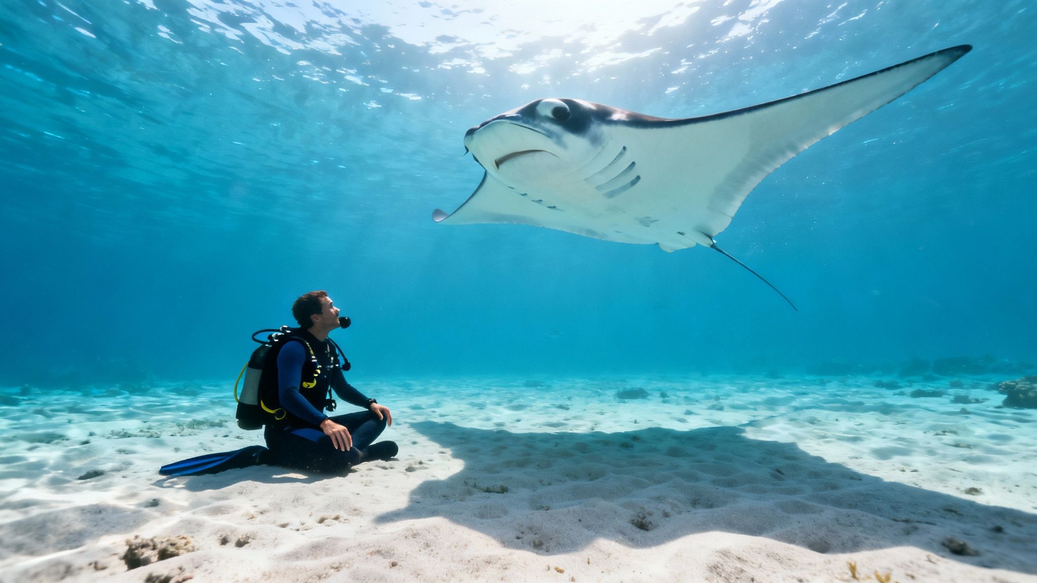 Scuba diver on sandy seafloor gazes at a beautiful manta ray gracefully swimming in clear blue water.
