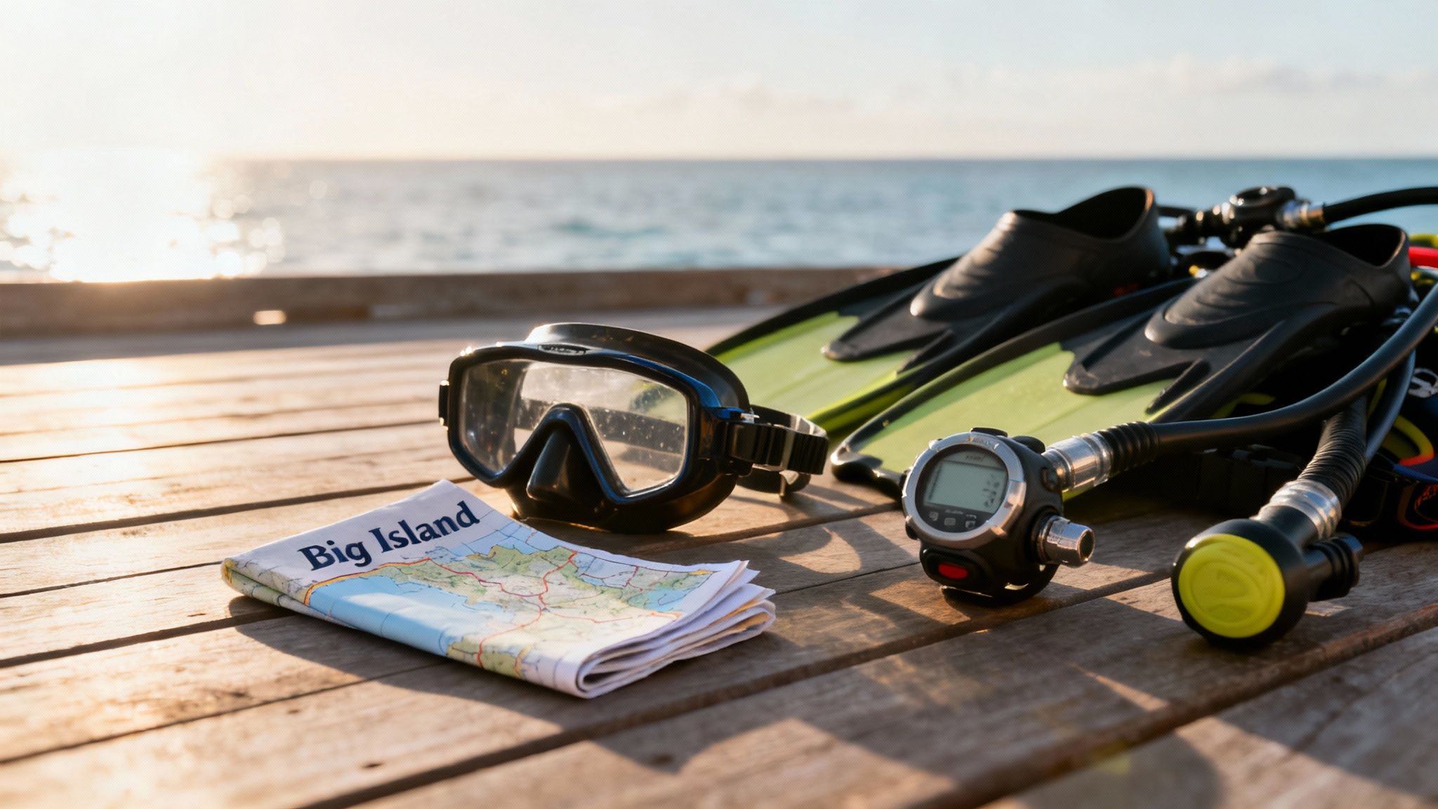 Scuba diving gear, including a mask, fins, dive computer, and a 'Big Island' map, on a wooden dock at sunset.
