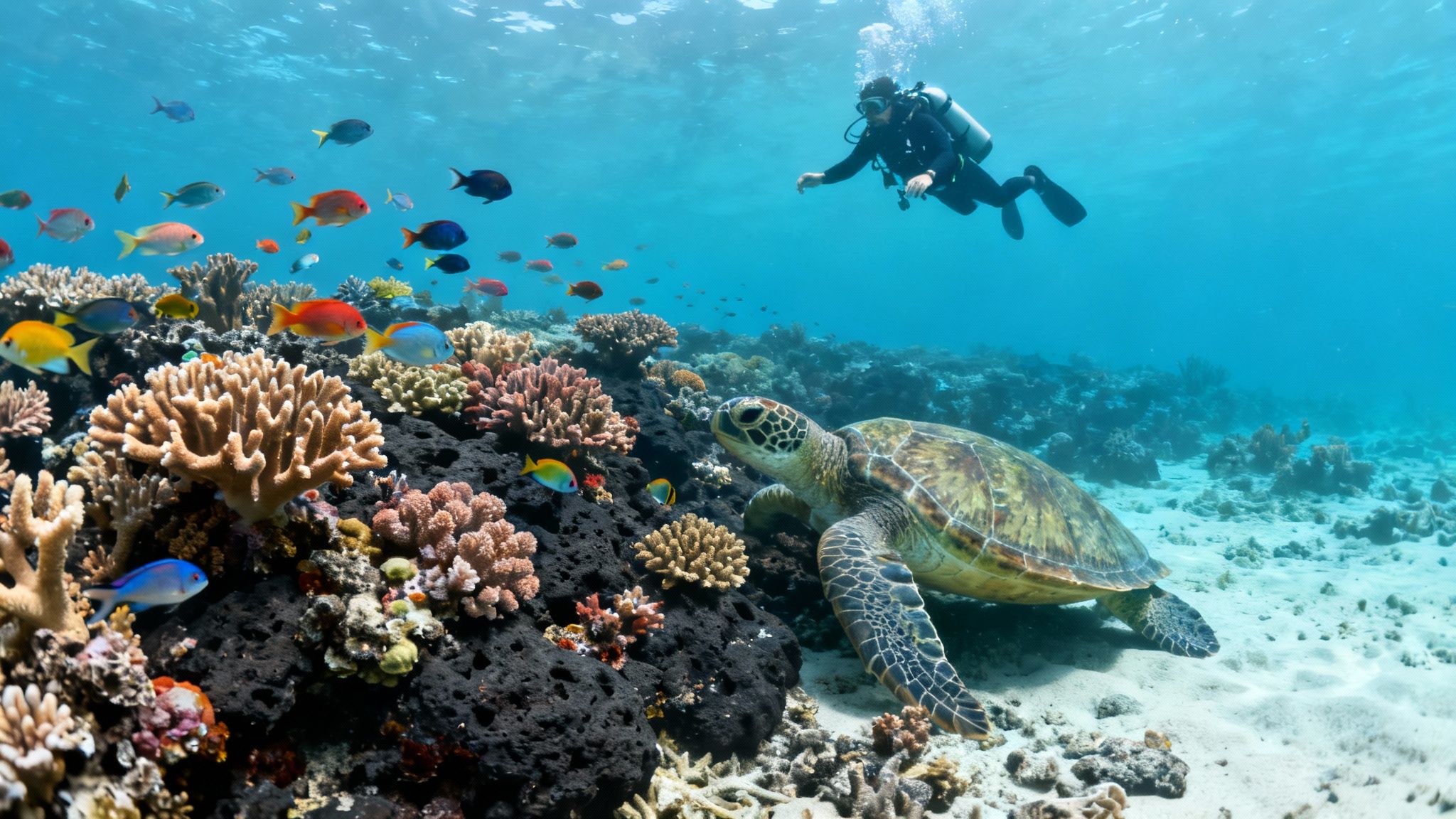 A diver swims near a green sea turtle and colorful fish on a vibrant coral reef.