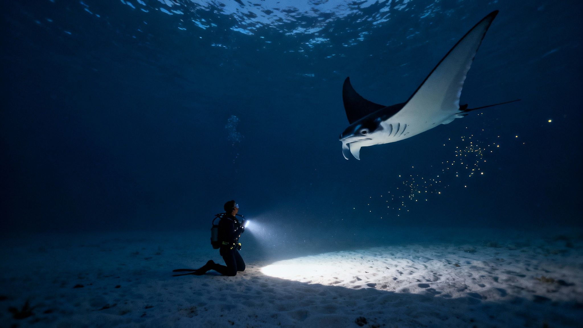 A diver on the seabed shines a light on a graceful manta ray in a dark underwater scene.