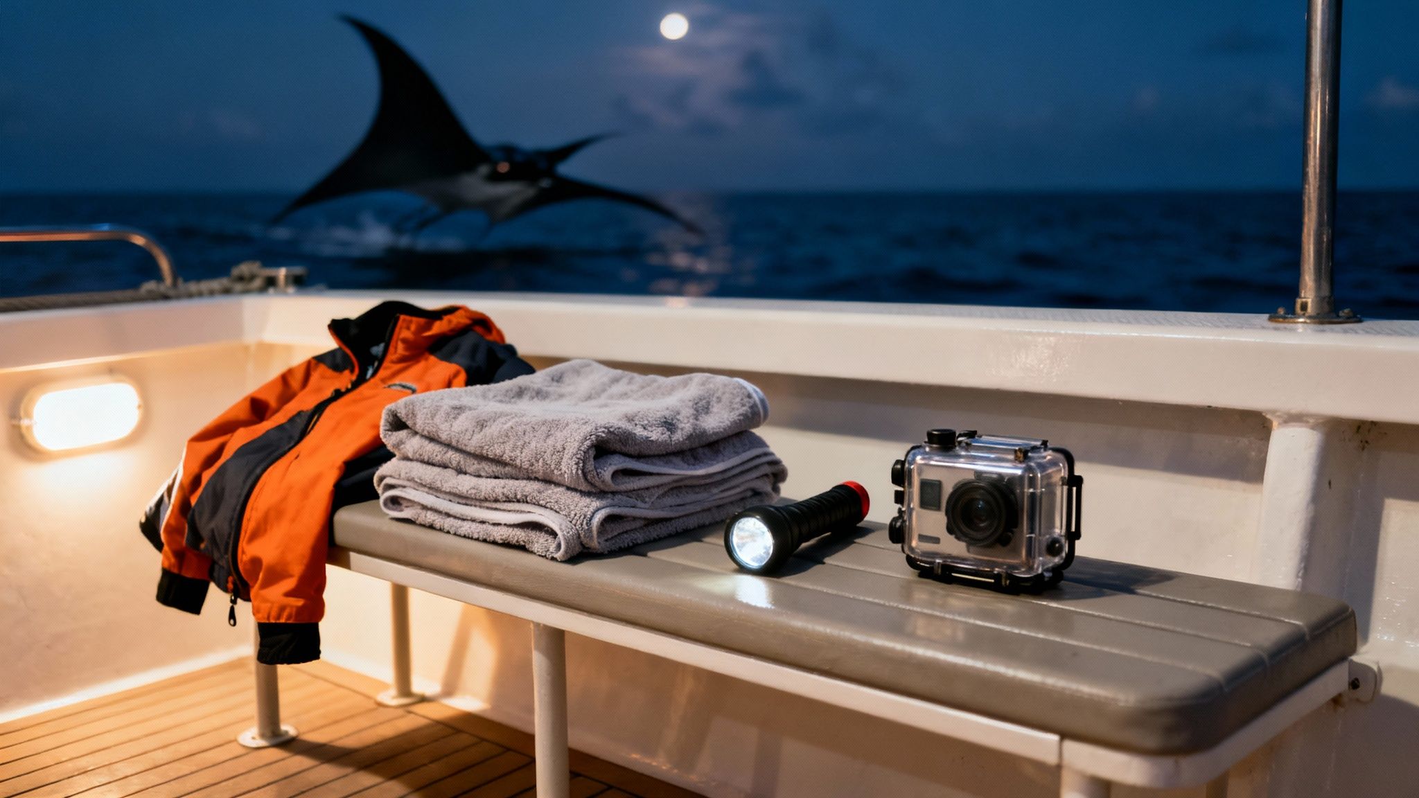 A group of scuba divers on the ocean floor at night, looking up as a massive manta ray glides over them.