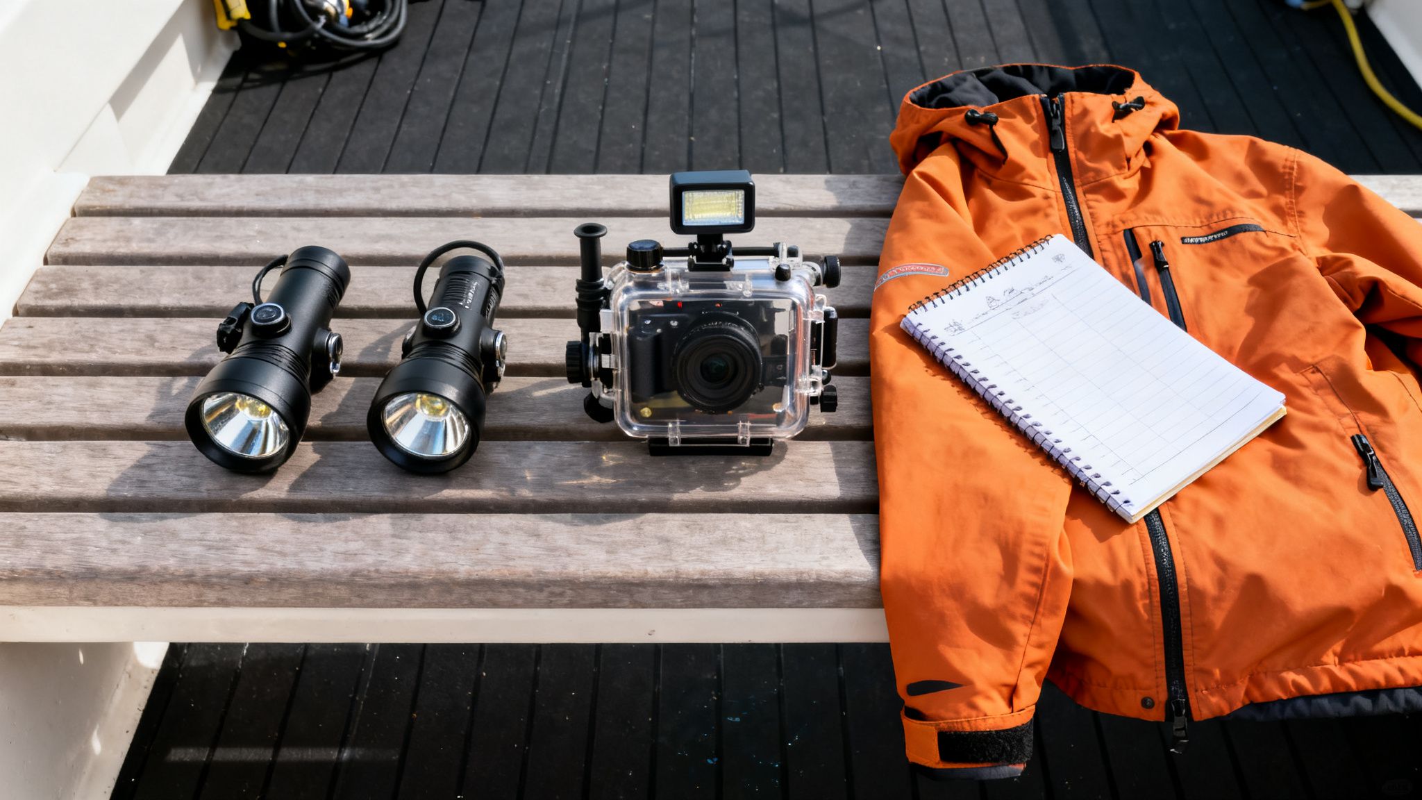 Underwater diving equipment including two lights, a camera in a housing, jacket, and a notebook on a wooden bench.
