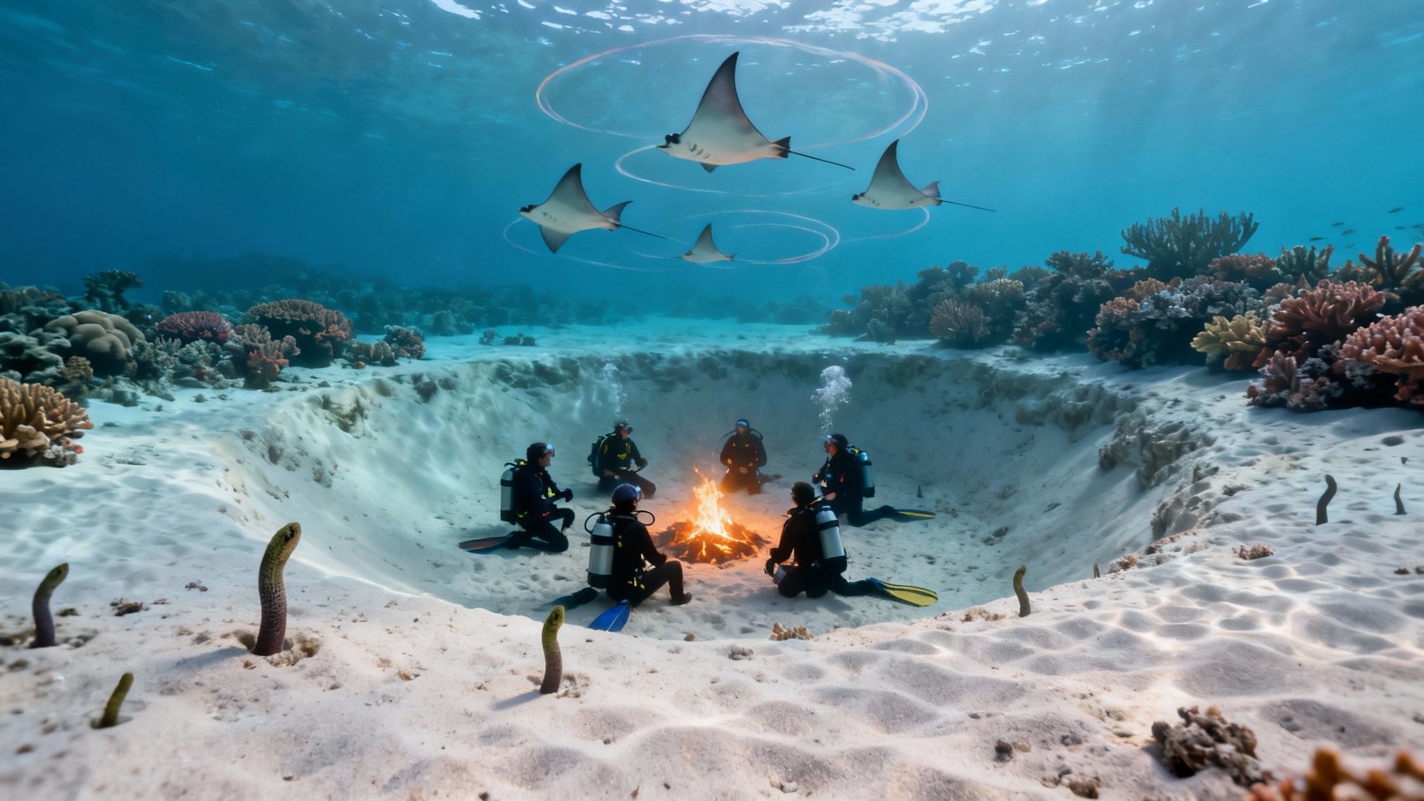Scuba divers gather around a glowing underwater bonfire with manta rays circling above.