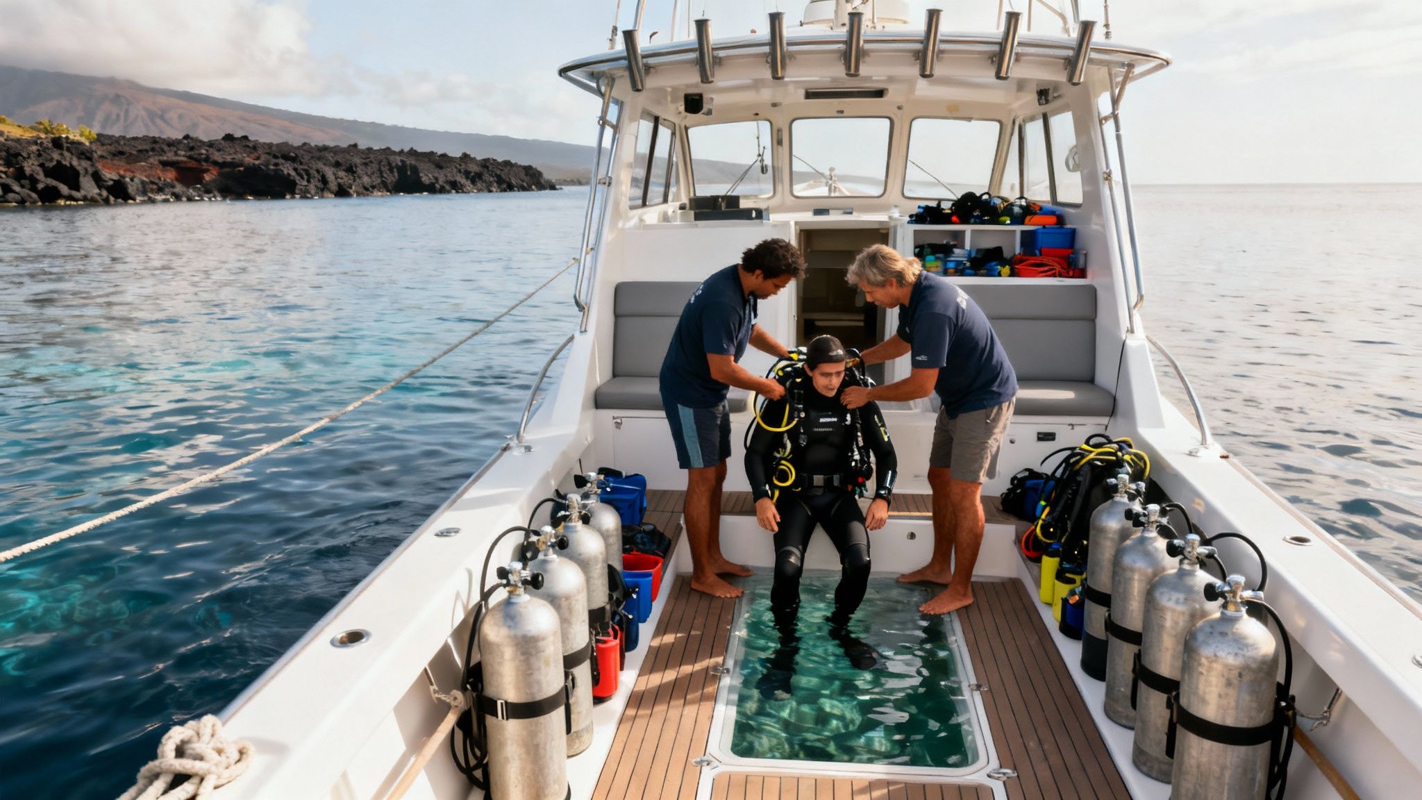 Three men on a boat preparing for scuba diving, with one in a wetsuit on a clear bottom pane, surrounded by gear.