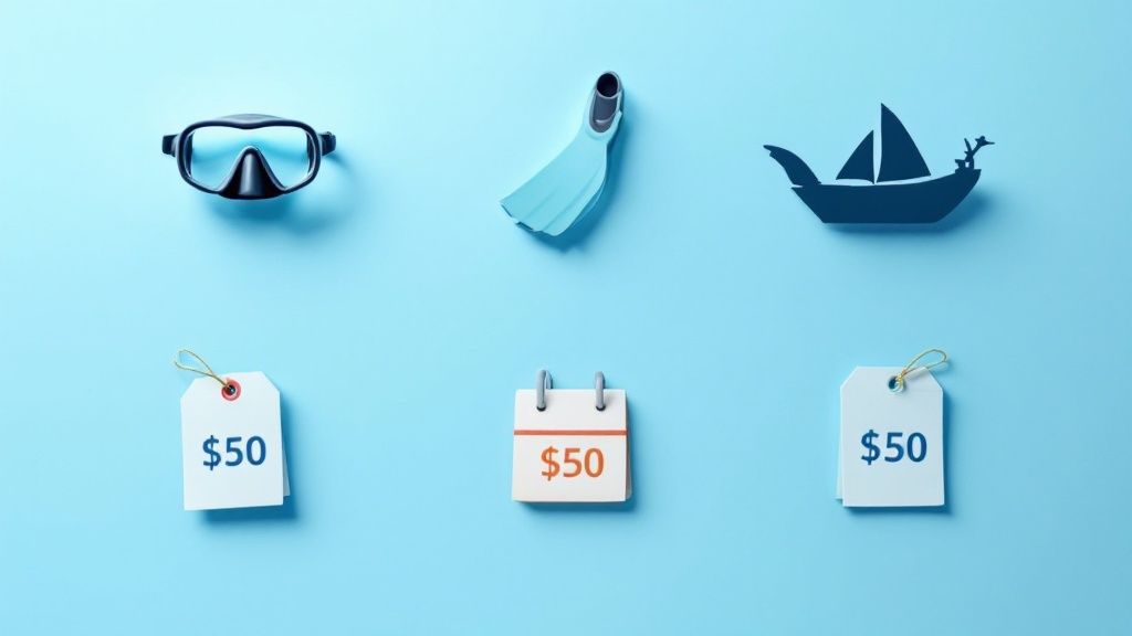 A scuba diver swims near a sea turtle in clear blue Hawaiian waters