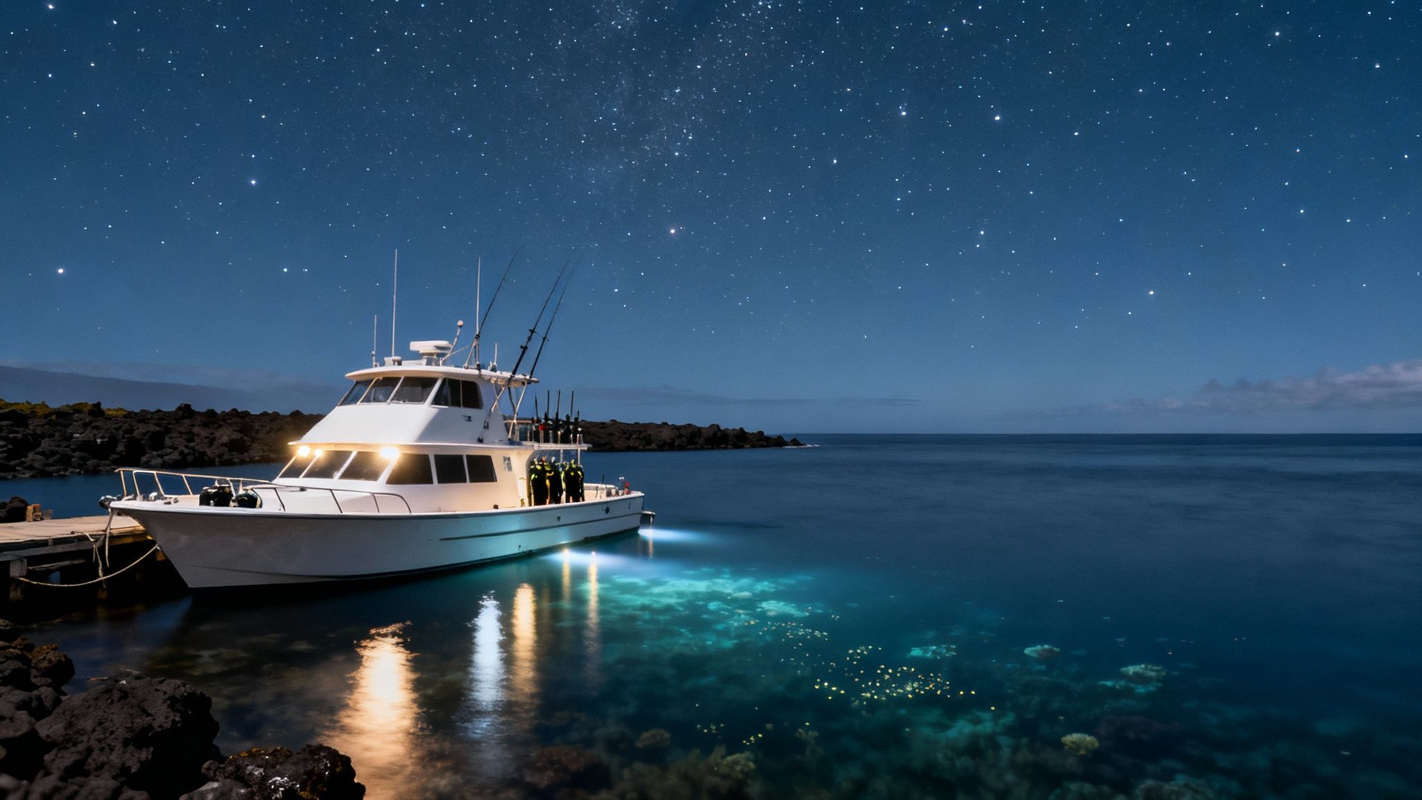 A group of scuba divers on the ocean floor at night, shining their lights up as a giant manta ray glides gracefully above them.