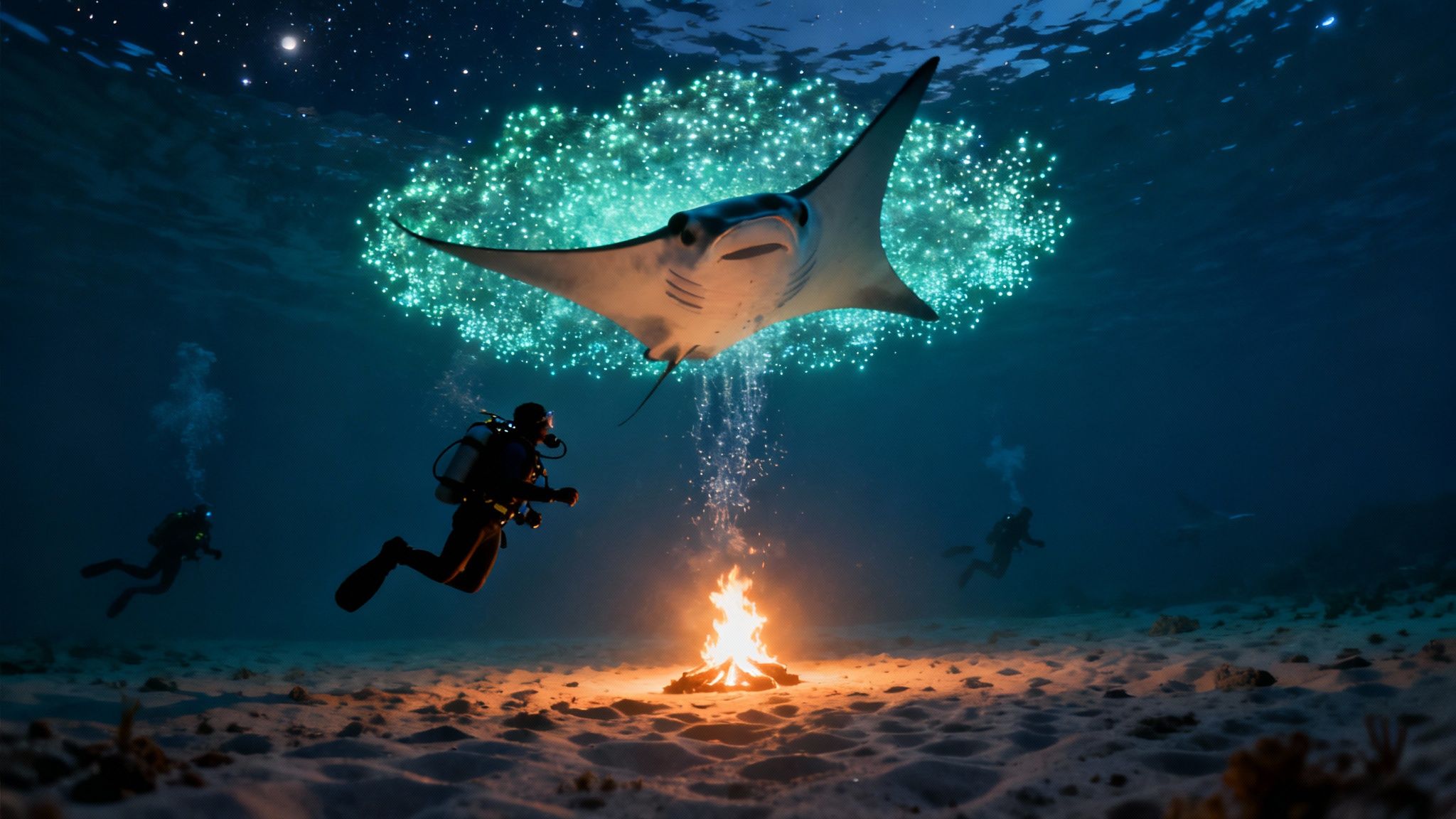 A group of scuba divers on the ocean floor at night, looking up as a manta ray glides through their light beams.