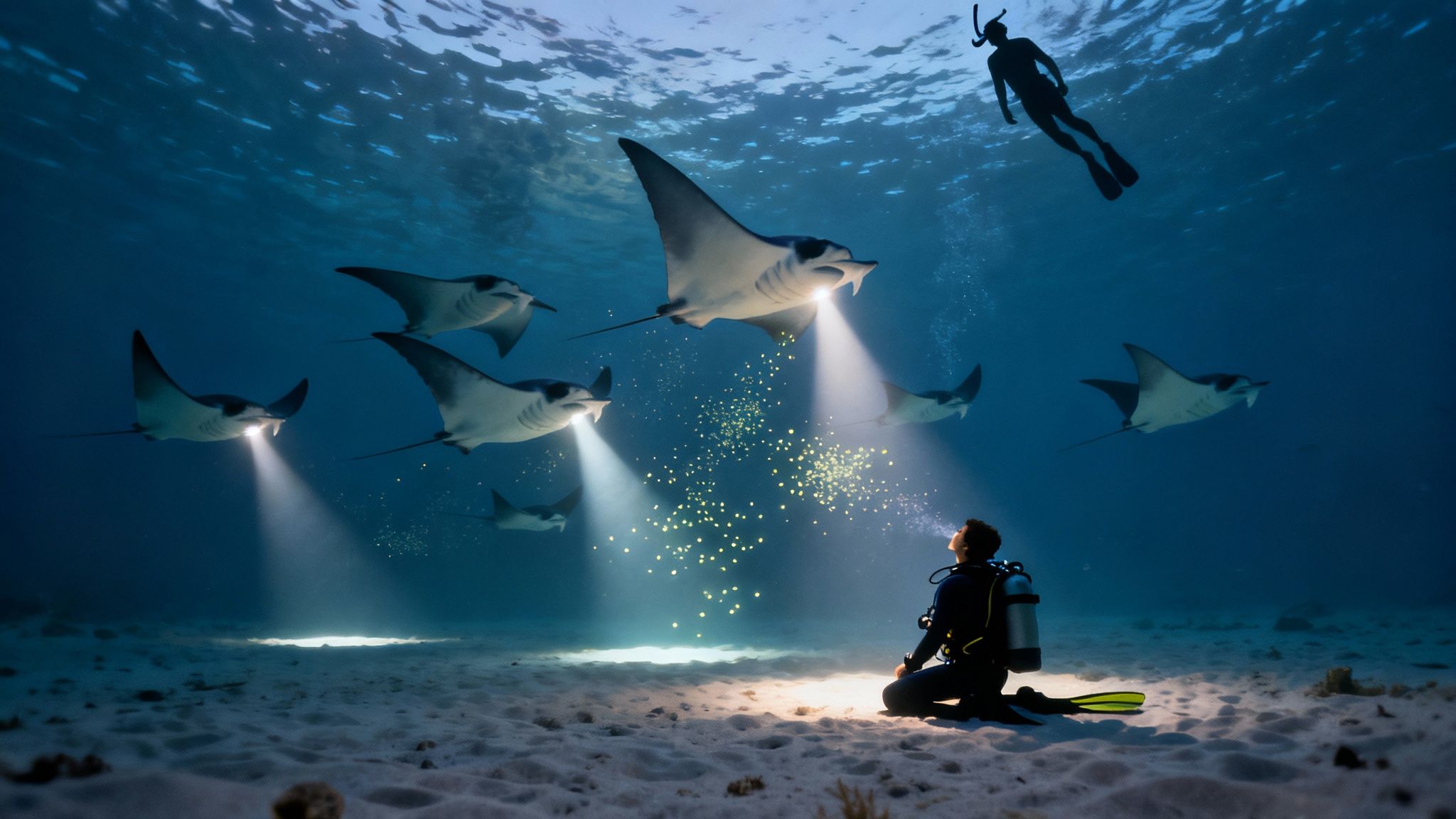Scuba divers observing majestic manta rays feeding at night during Kona dive expedition