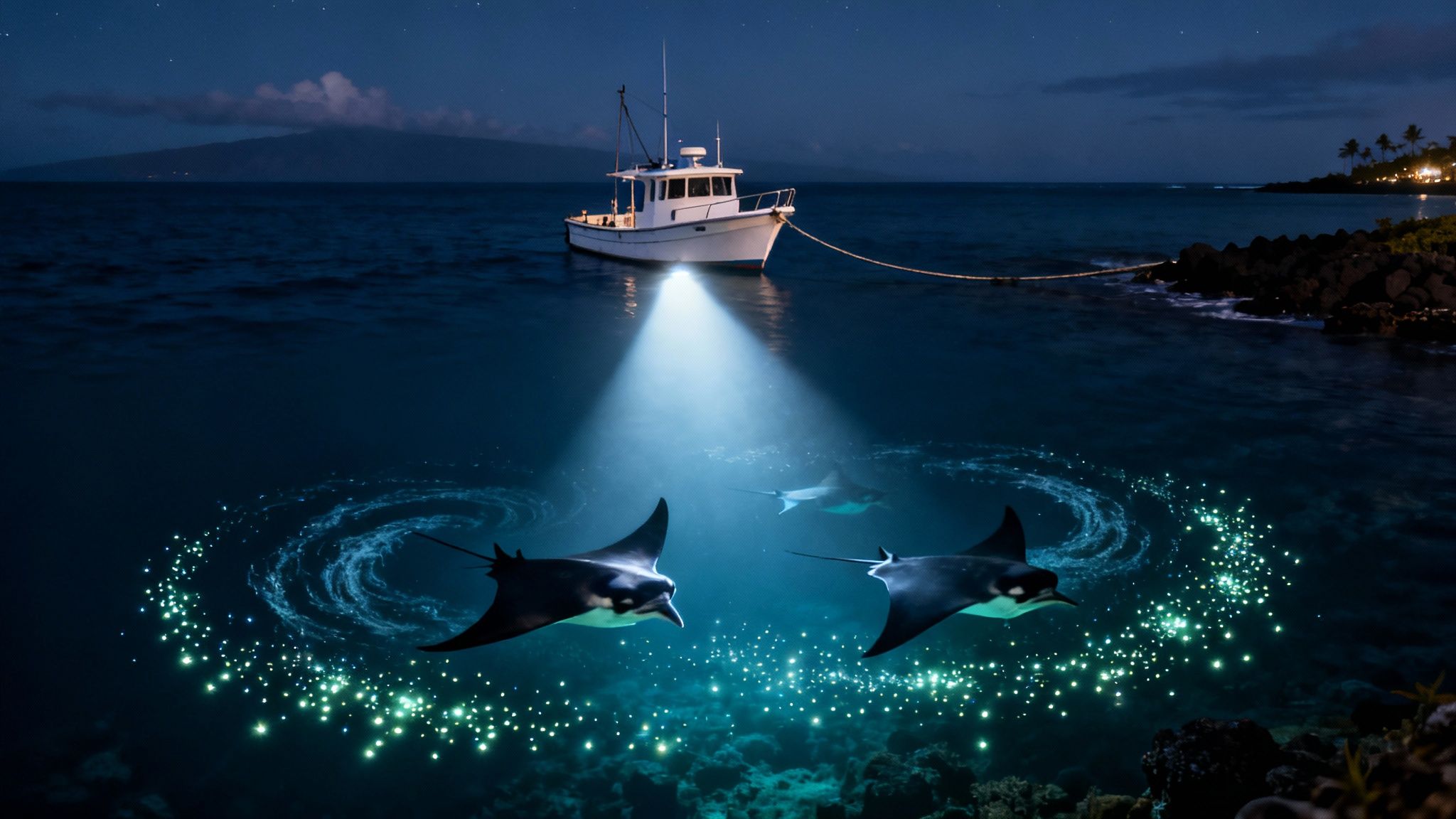 A manta ray gracefully swims towards the bright lights used to attract plankton during a night dive.